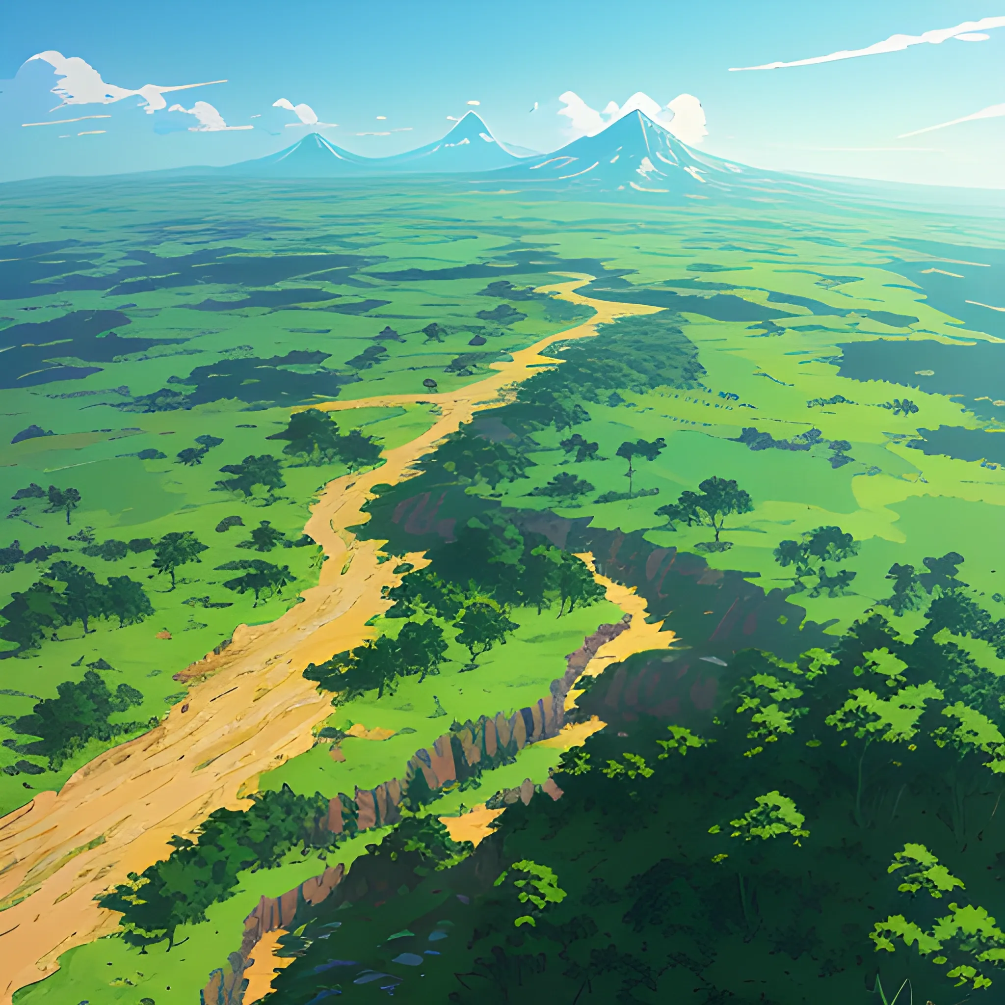 aerial view of an wide landscape with brush, greenery, small road and a sky, ray of sunshine... in the style of makoto shinkai and greg rutkowski and albert bierstadt and james gurney, Cartoon