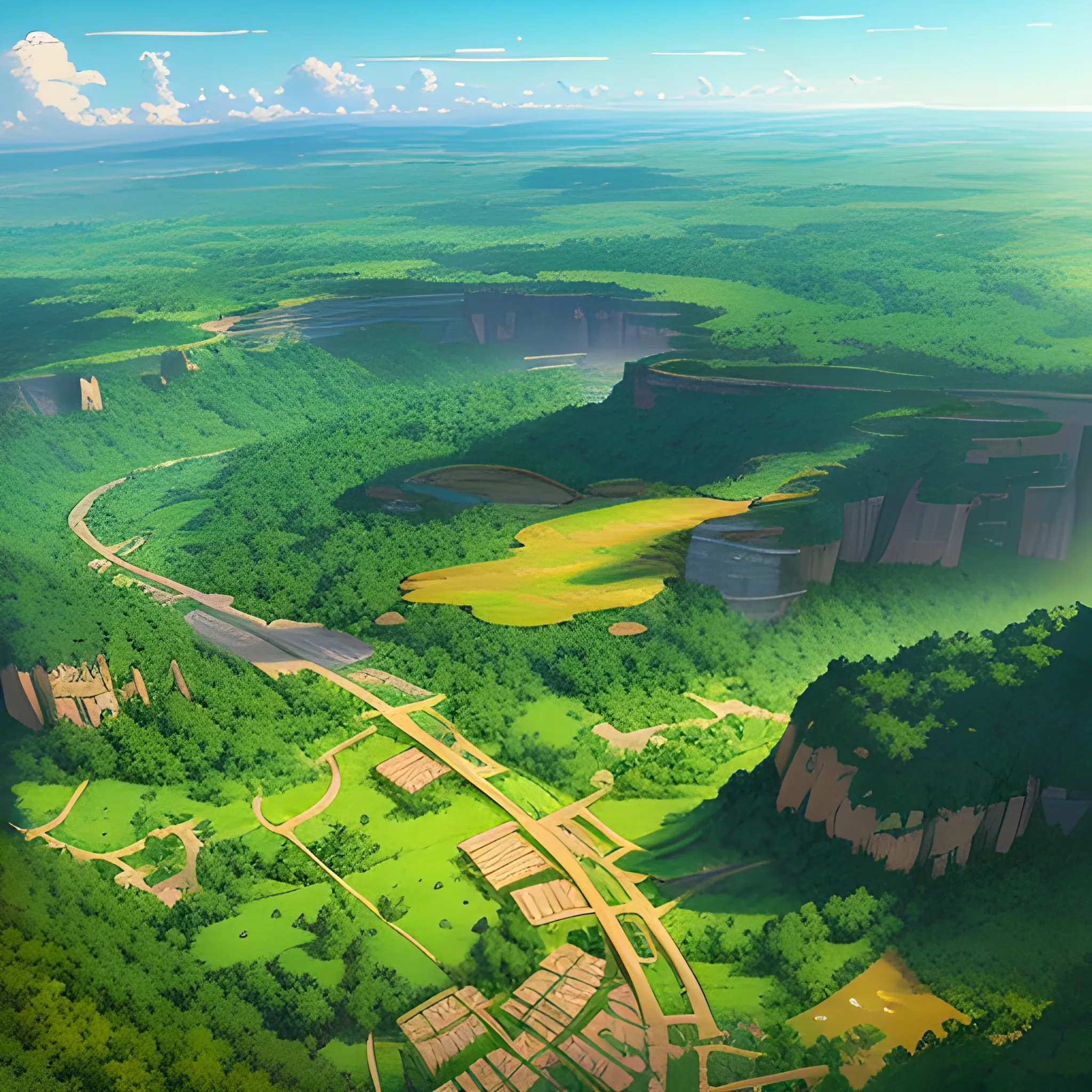 aerial view of an wide landscape with brush, greenery, small road and a sky, ray of sunshine... in the style of makoto shinkai and greg rutkowski and albert bierstadt and james gurney, Cartoon