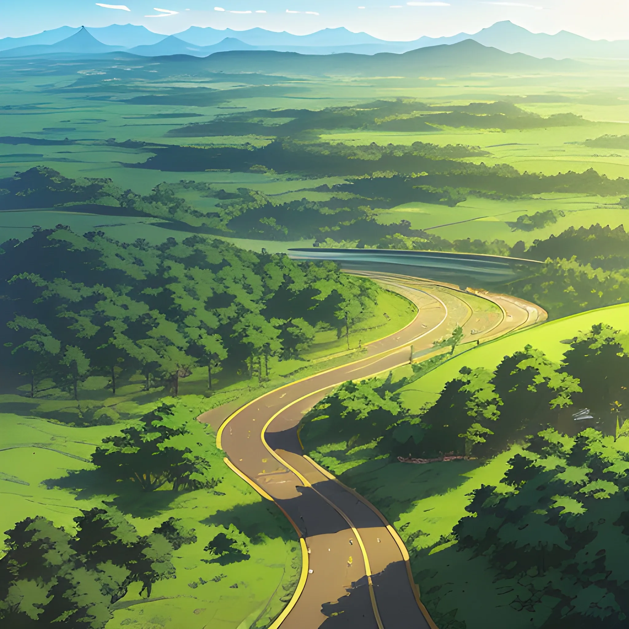 aerial view of an wide landscape with brush, greenery, small road and a sky, ray of sunshine... in the style of makoto shinkai and greg rutkowski and albert bierstadt and james gurney, Cartoon