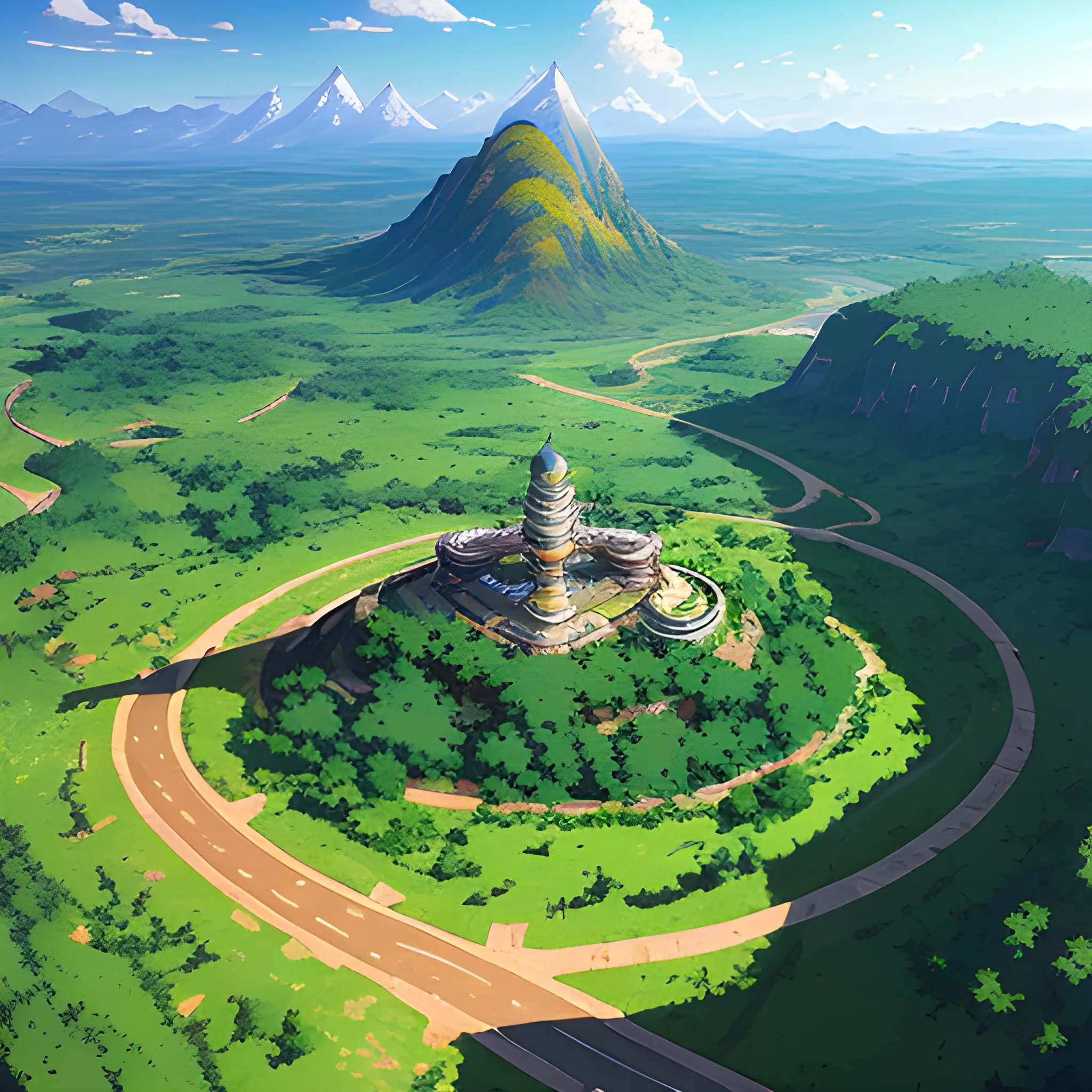 aerial view of an wide landscape with brush, greenery, small road and a sky, ray of sunshine... in the style of makoto shinkai and greg rutkowski and albert bierstadt and james gurney, Cartoon