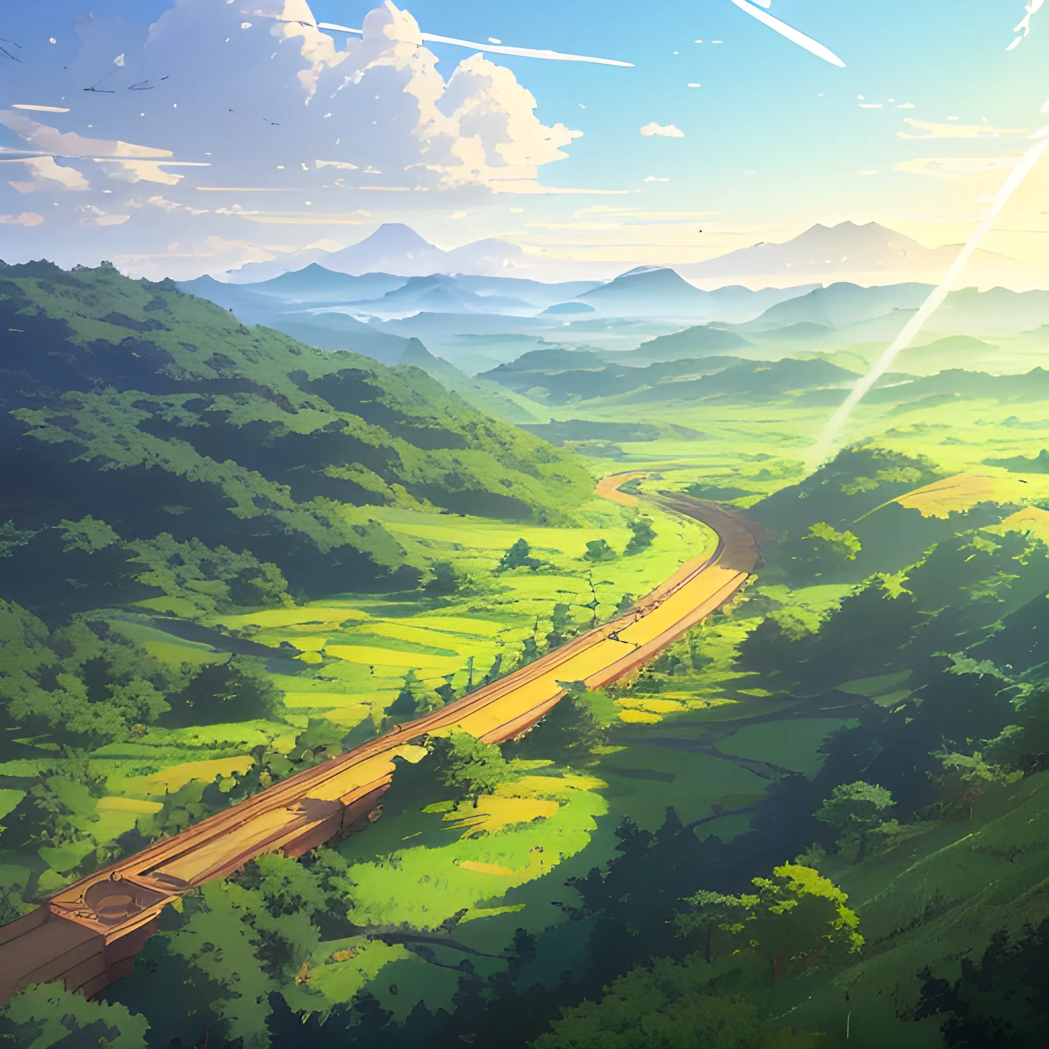 aerial view of an wide landscape with brush, greenery, small road and a sky, ray of sunshine... in the style of makoto shinkai and greg rutkowski and albert bierstadt and james gurney, Cartoon