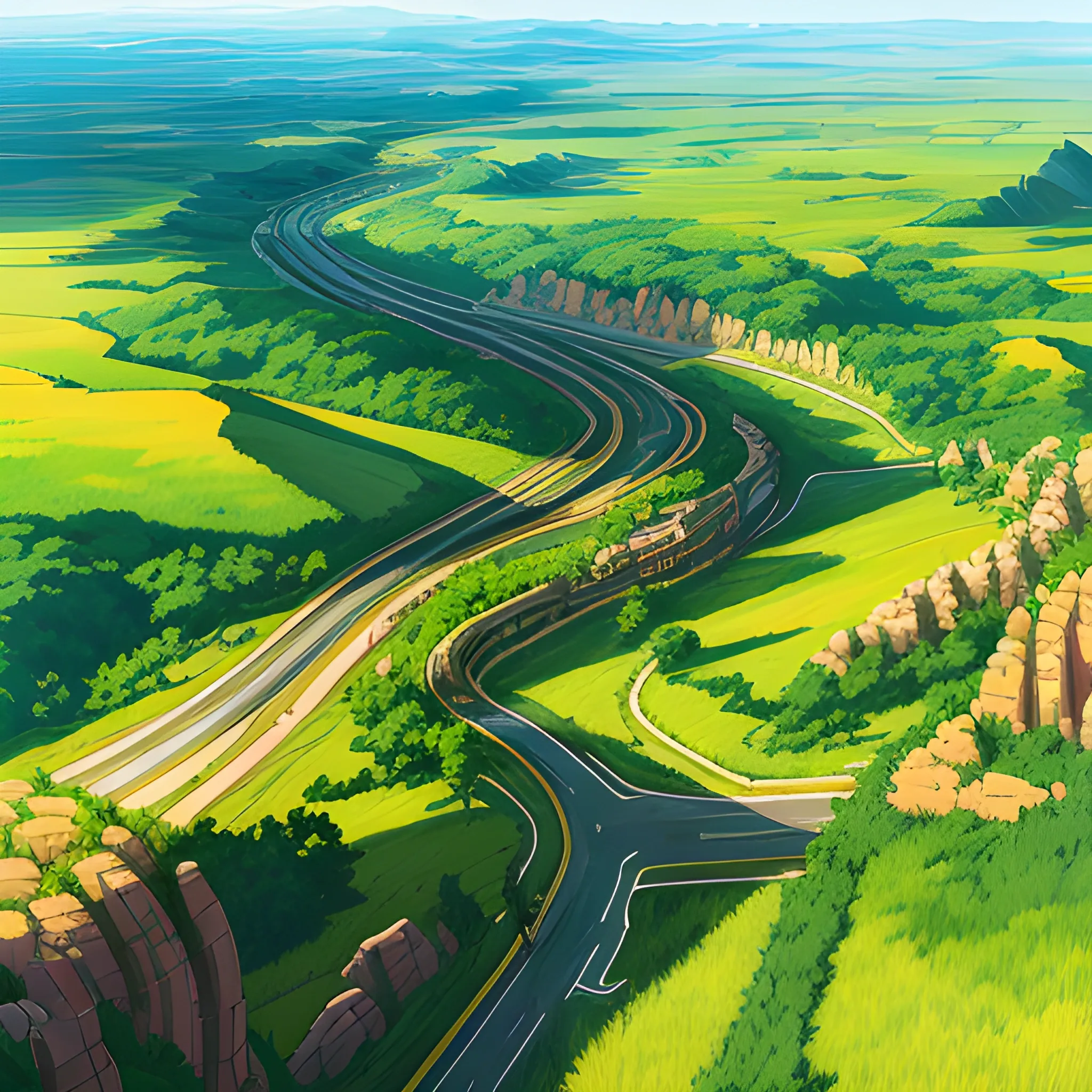 aerial view of an wide landscape with brush, greenery, small road and a sky, ray of sunshine... in the style of makoto shinkai and greg rutkowski and albert bierstadt and james gurney, Cartoon