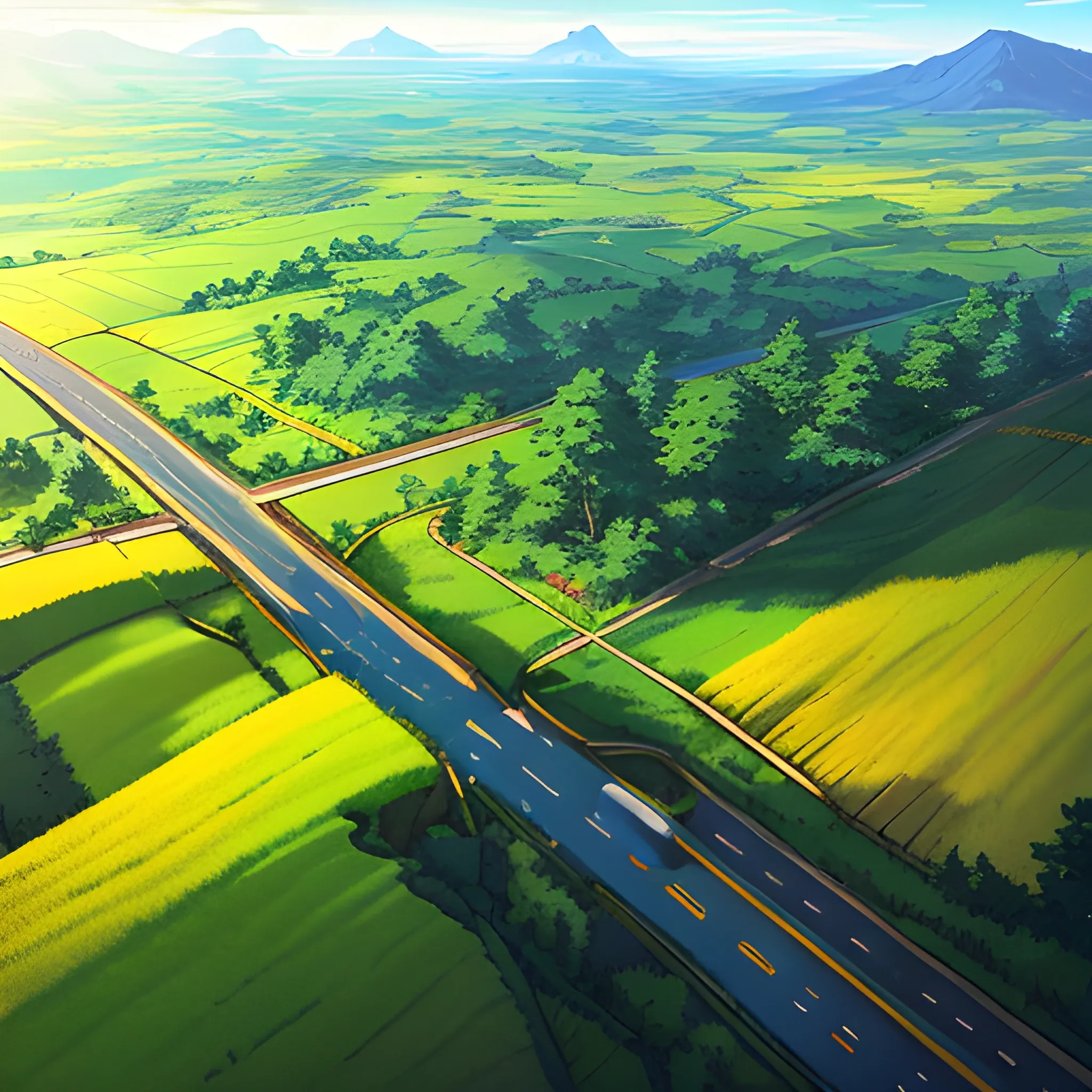 aerial view of an wide landscape with brush, greenery, small road and a sky, ray of sunshine... in the style of makoto shinkai and greg rutkowski and albert bierstadt and james gurney, Cartoon