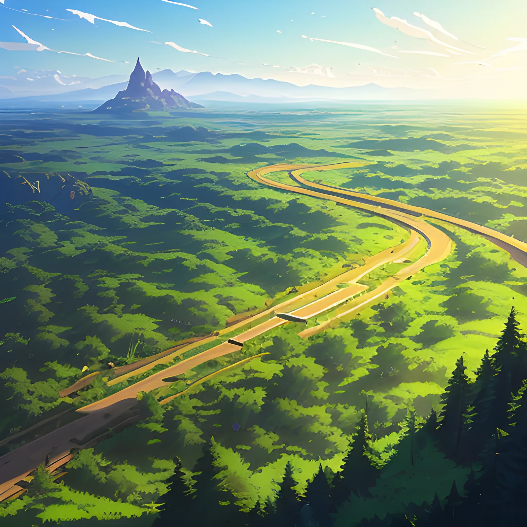 aerial view of an wide landscape with brush, greenery, small road and a sky, ray of sunshine... in the style of makoto shinkai and greg rutkowski and albert bierstadt and james gurney, Cartoon