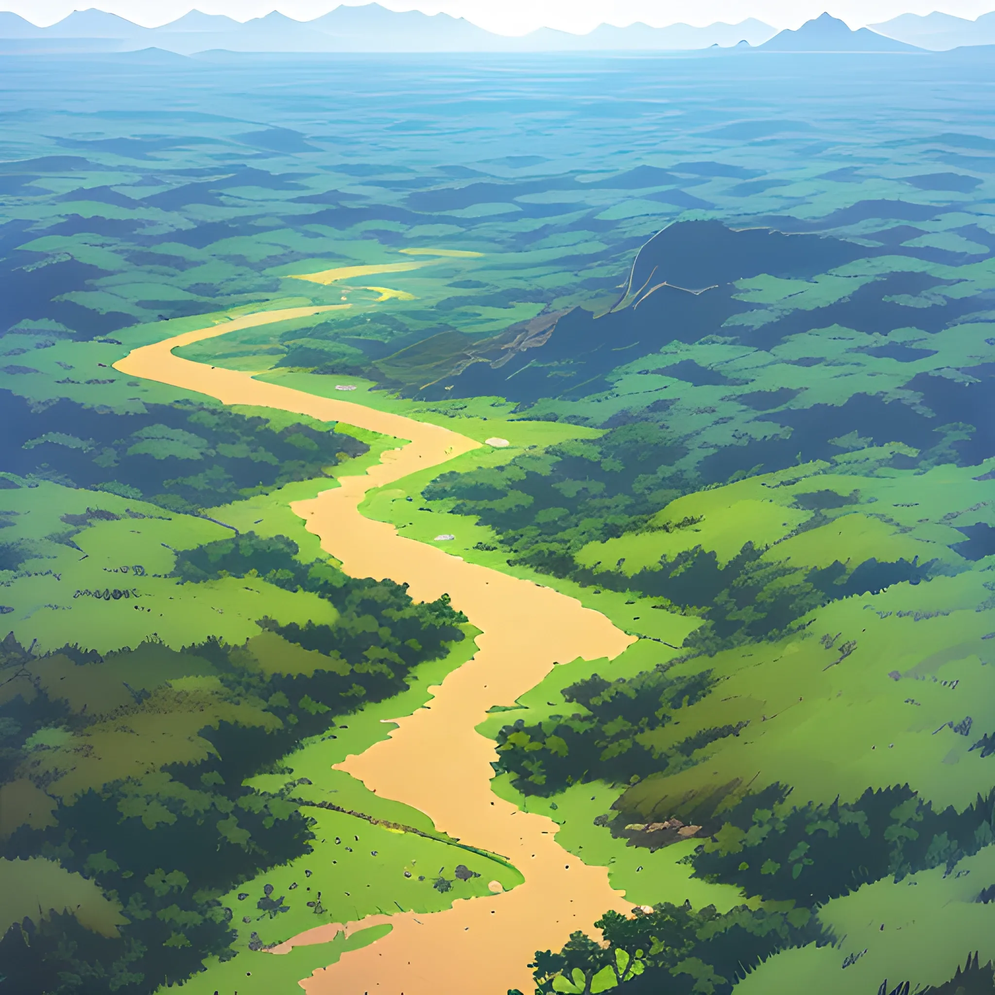 aerial view of an wide landscape with brush, greenery, small road and a sky, ray of sunshine... in the style of makoto shinkai and greg rutkowski and albert bierstadt and james gurney, Cartoon