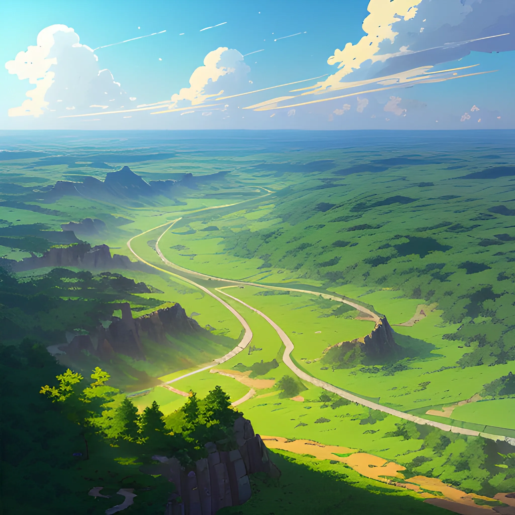 aerial view of an wide landscape with brush, greenery, small road and a sky, ray of sunshine... in the style of makoto shinkai and greg rutkowski and albert bierstadt and james gurney, Cartoon