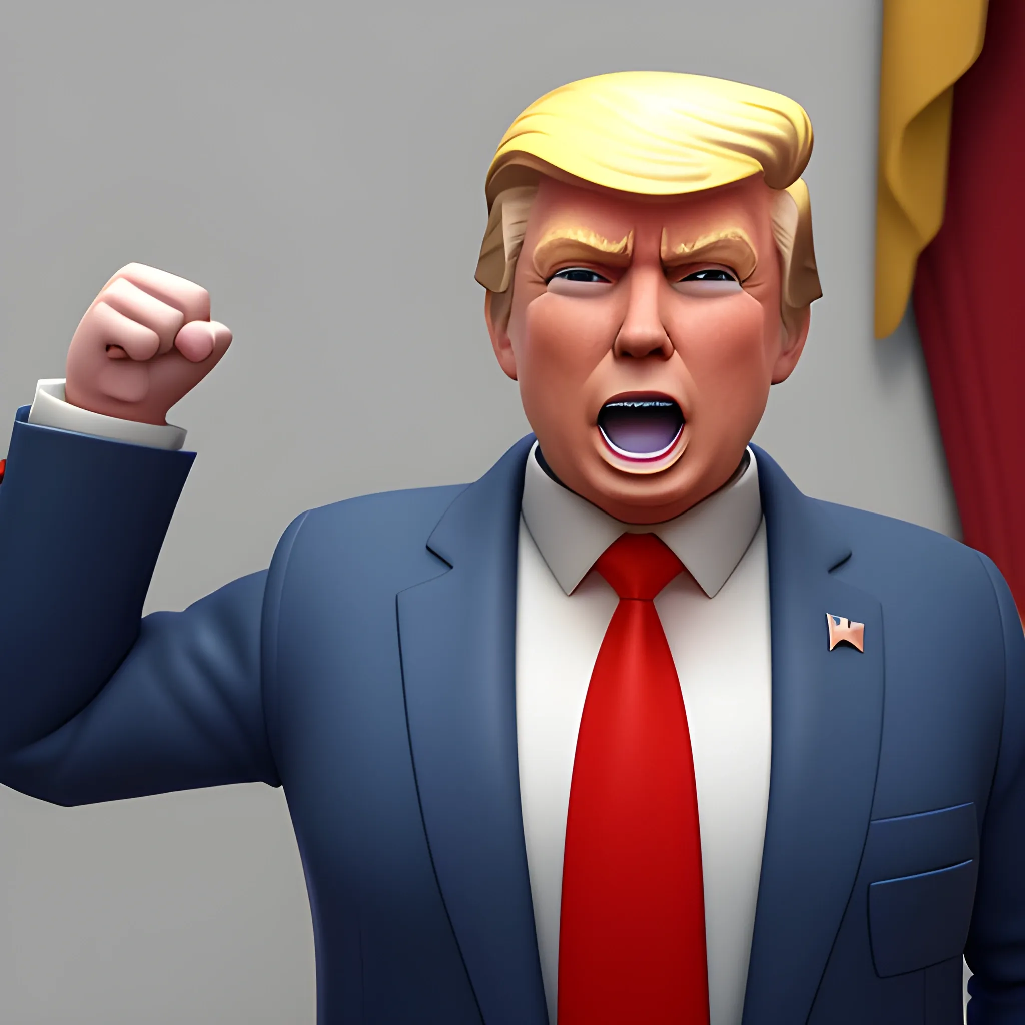 3D render of Happy Donald Trump , he looks plastic,  his face is clear and he is in the artstyle of fortnite. He has a navy blue suit on with a red tie. He looks kind of goofy looking , half body shot , 3d ,3D , Cartoon 