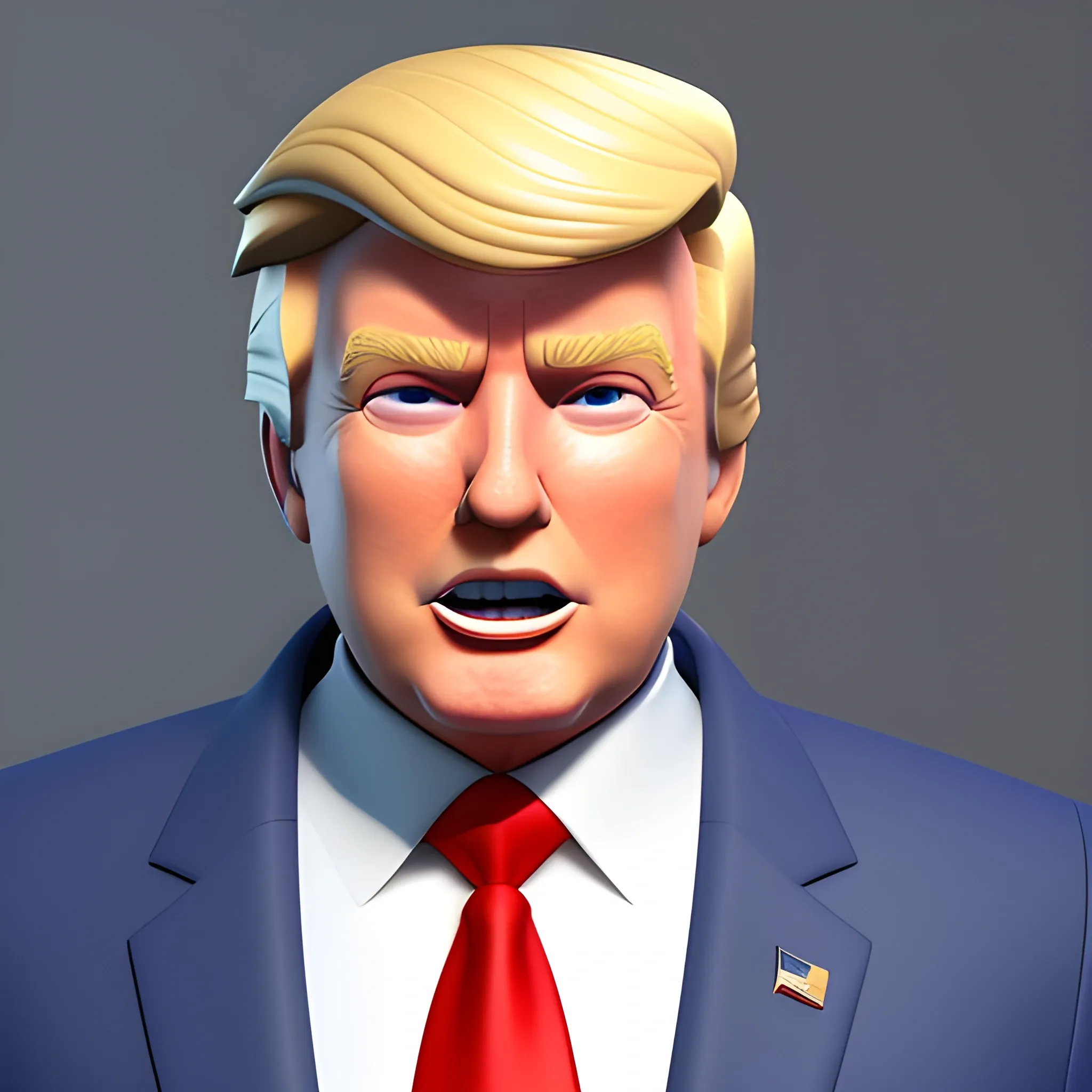 3D render of Happy Donald Trump , he looks plastic,  his face is clear and he is in the artstyle of fortnite. He has a navy blue suit on with a red tie. He looks kind of goofy looking , half body shot , 3d ,3D , Cartoon  , it is exactly Donald trump faces , smile