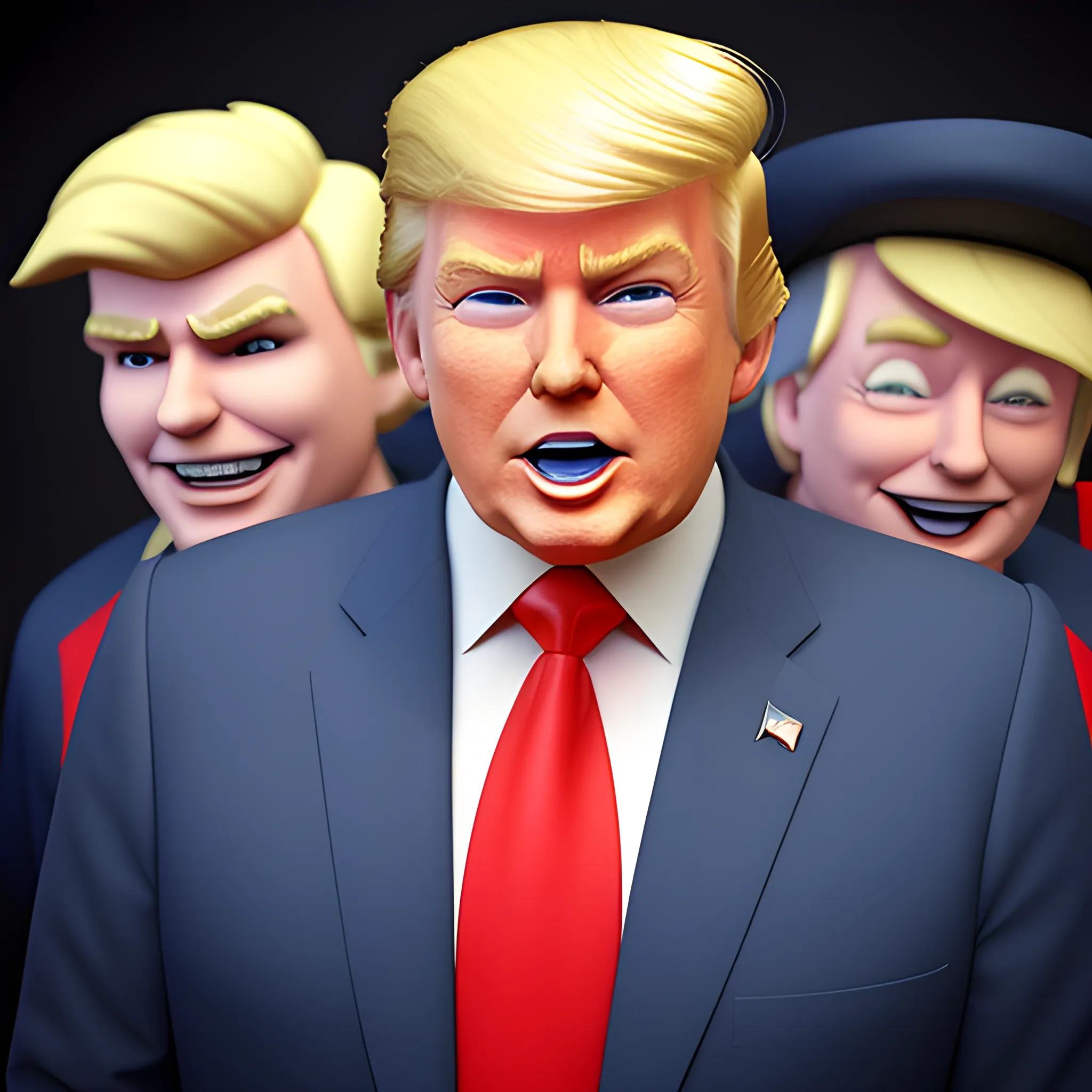 3D render of Happy Donald Trump , he looks plastic,  his face is clear and he is in the artstyle of fortnite. He has a navy blue suit on with a red tie. He looks kind of goofy looking , half body shot , 3d ,3D , Cartoon  ,  exactly Donald trump faces , smile , he is happy,  Donald Trump  cute smile , Trump is happy, Trump with a party hat , A red blue party hat on Trump head