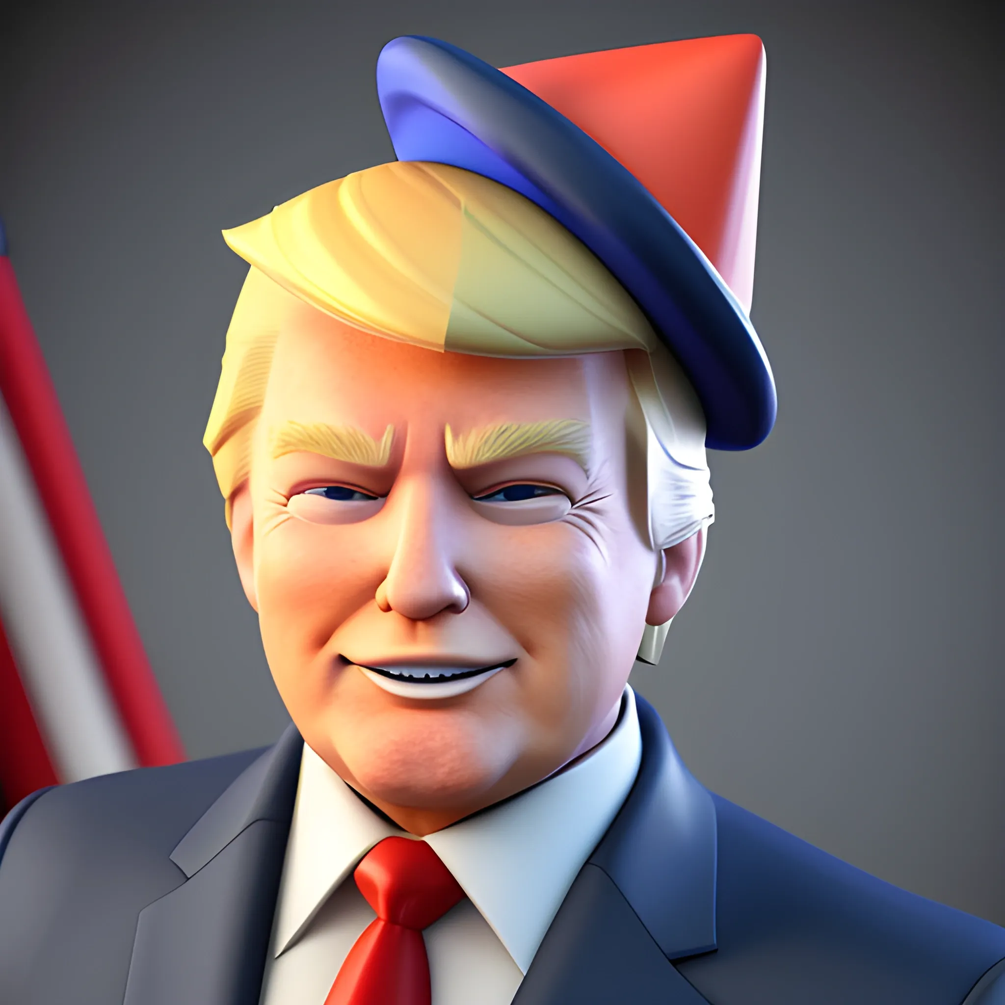 3D render of Happy Donald Trump , he looks plastic,  his face is clear and he is in the artstyle of fortnite. He has a navy blue suit on with a red tie. He looks kind of goofy looking , half body shot , 3d ,3D , Cartoon  ,  exactly Donald trump faces , smile , he is happy,  Donald Trump  cute smile , Trump is happy, Trump with a party hat 