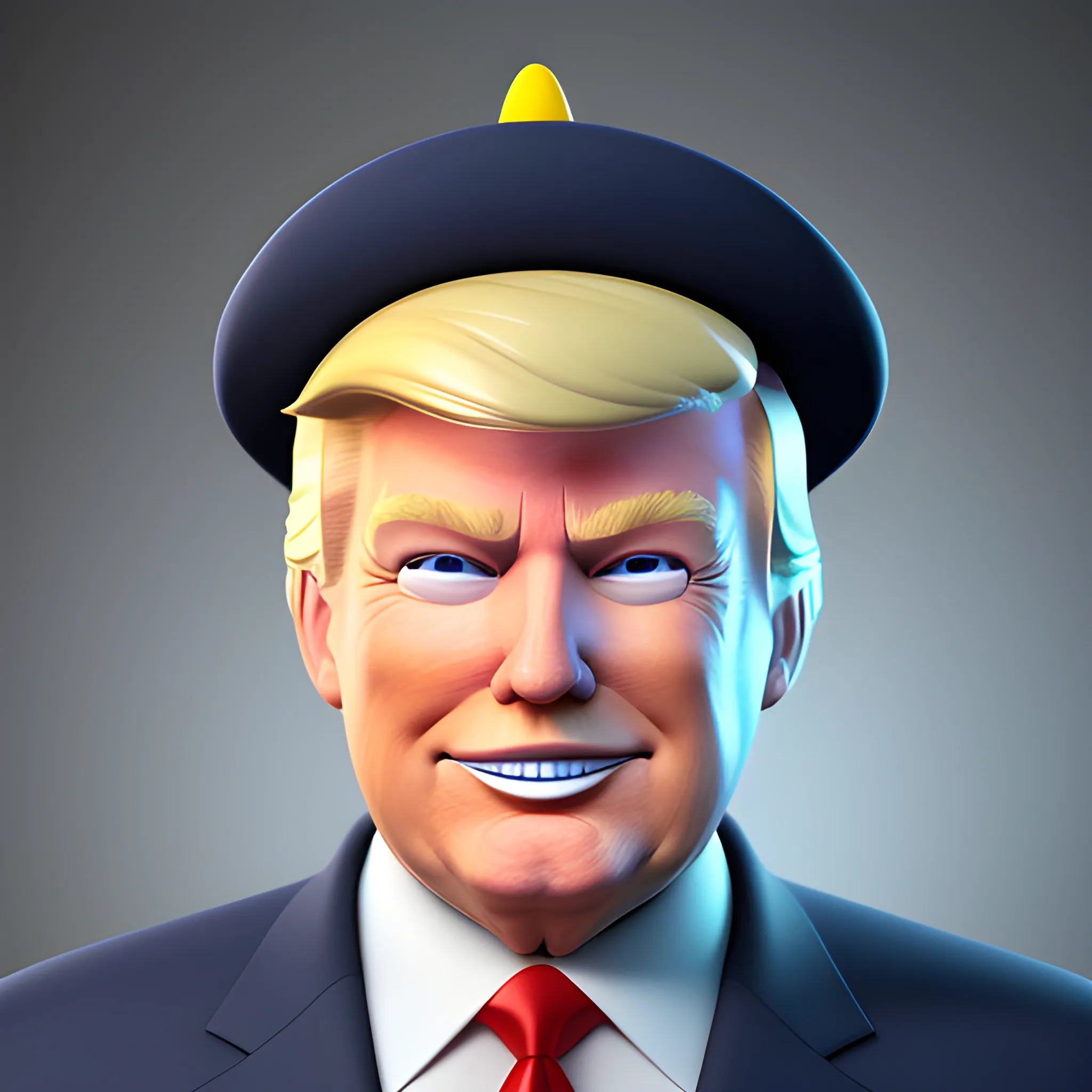 3D render of Happy Donald Trump , he looks plastic,  his face is clear and he is in the artstyle of fortnite. He has a navy blue suit on with a red tie. He looks kind of goofy looking , half body shot , 3d ,3D , Cartoon  ,  exactly Donald trump faces , smile , he is happy,  Donald Trump  cute smile , Trump is happy, Trump with a party hat  , Trump eyes looks nice and perfect, perfect eyes 