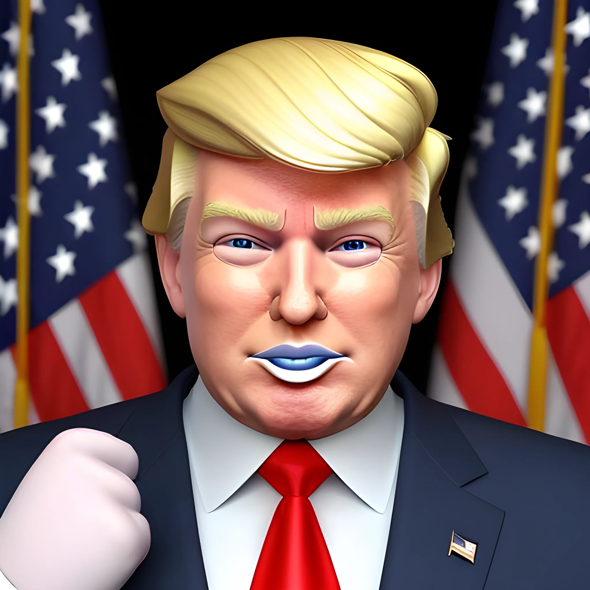 3D render of Happy Donald Trump , he looks plastic,  his face is clear and he is in the artstyle of fortnite. He has a navy blue suit on with a red tie. He looks kind of goofy looking , half body shot , 3d ,3D , Cartoon  ,  exactly Donald trump faces , smile , he is happy,  Donald Trump  cute smile , Trump is happy, Trump with a smile lips  closed mouth , Trump eyes looks nice and perfect, perfect eyes  , opened eyes , Donald Trump laugh 