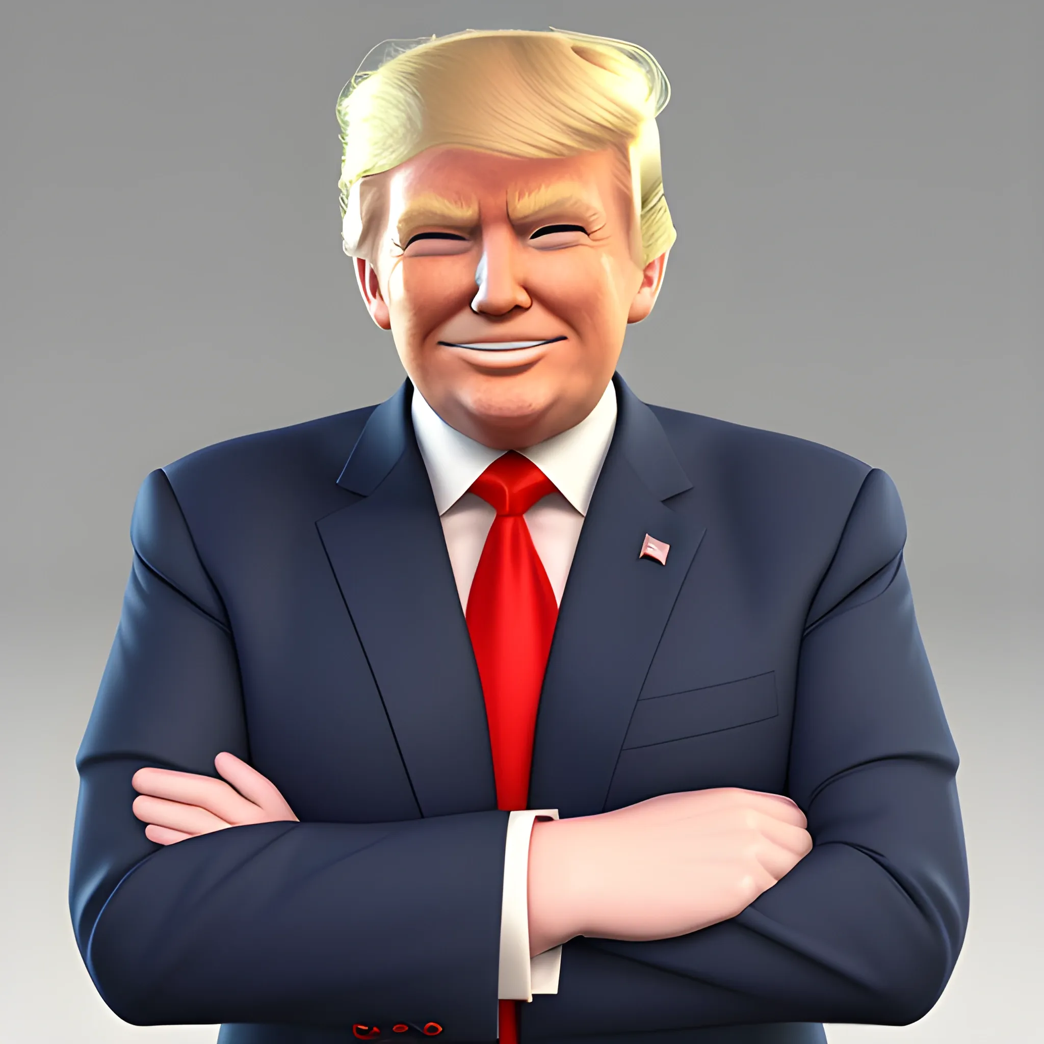 3D render of Happy Donald Trump with his arms crossed looking straight into camera, he looks plastic,  his face is clear and he is in the artstyle of fortnite. He has a navy blue suit on with a red tie. He looks kind of goofy looking , half body shot , 3d ,3D , Cartoon  ,  exactly Donald trump faces , smile , he is happy,  Donald Trump  cute smile , Trump is happy, Trump with a smile lips  closed mouth , Trump eyes looks nice and perfect, perfect eyes  , opened eyes , Donald Trump laughingly 