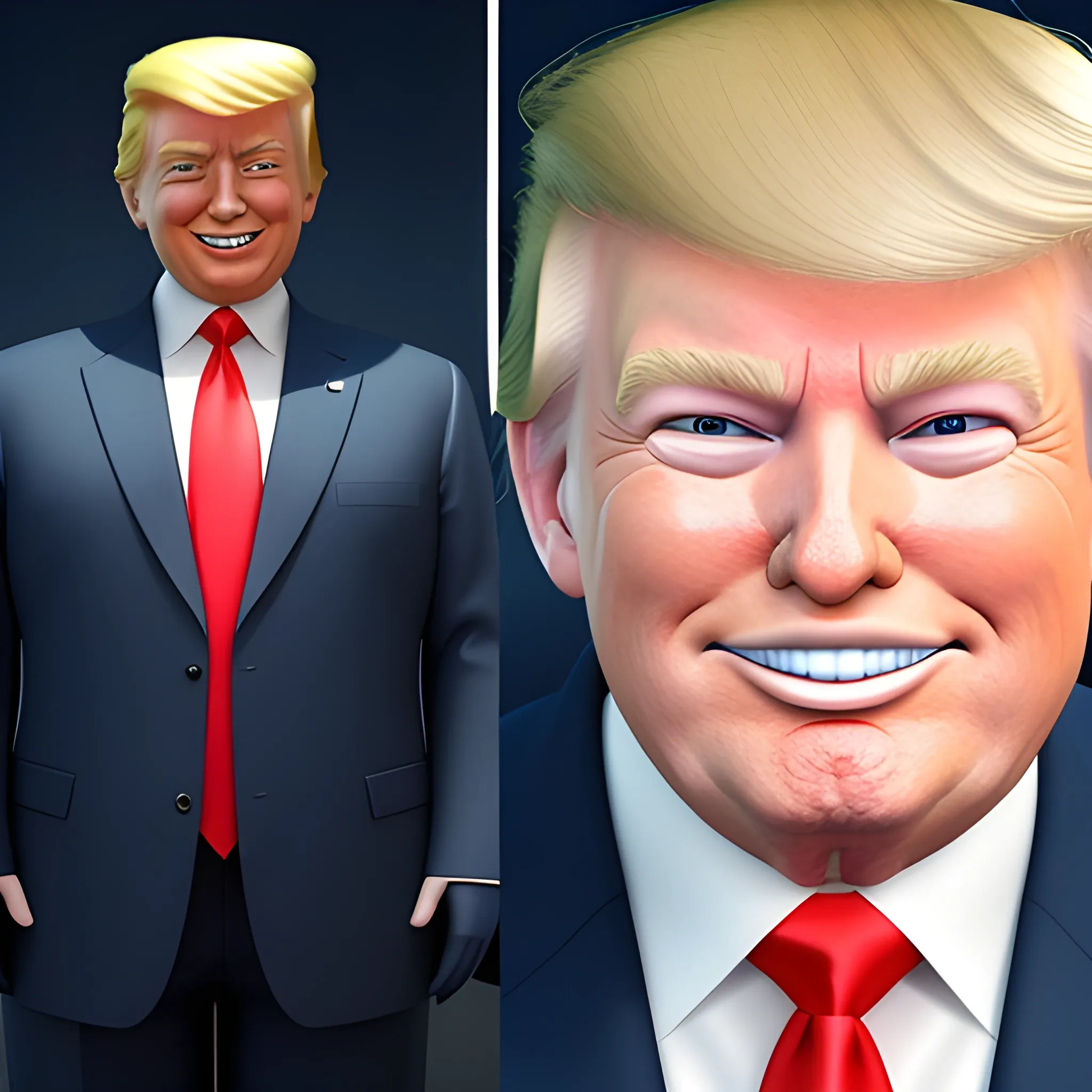 3D render of Happy Donald Trump with his arms crossed looking straight into camera, he looks plastic,  his face is clear and he is in the artstyle of fortnite. He has a navy blue suit on with a red tie. He looks kind of goofy looking , half body shot , 3d ,3D , Cartoon  ,  exactly Donald trump faces , smile , he is happy,  Donald Trump  cute smile , Trump is happy, Trump with a smile lips  closed mouth , Trump eyes looks nice and perfect, perfect eyes  , opened eyes , Donald Trump laughingly  . Eyes wide shut 