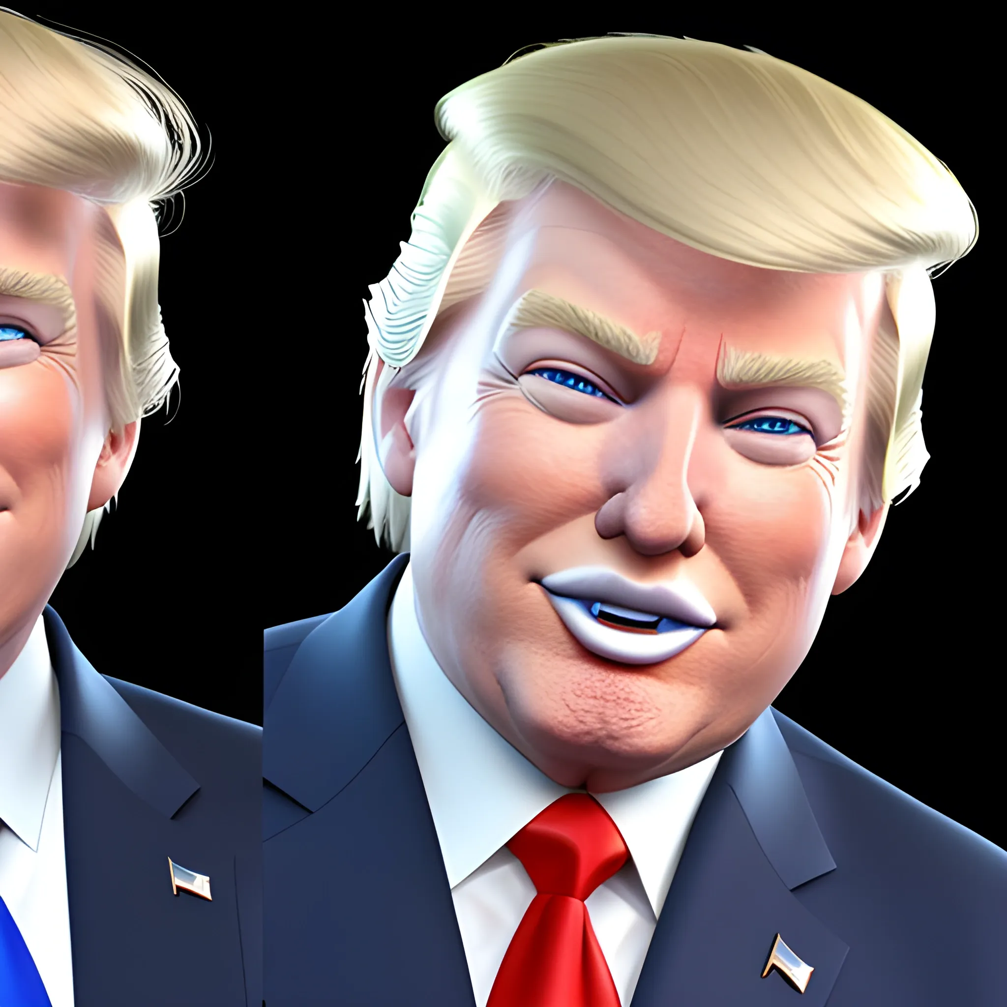 3D render of Happy Donald Trump with his arms crossed looking straight into camera, he looks plastic,  his face is clear and he is in the artstyle of fortnite. He has a navy blue suit on with a red tie. He looks kind of goofy looking , half body shot , 3d ,3D , Cartoon  ,  exactly Donald trump faces , smile , he is happy,  Donald Trump  cute smile , Trump is happy, Trump with a smile lips  closed mouth , Trump eyes looks nice and perfect, perfect eyes  , opened eyes , Donald Trump laughingly  . Blue eyed