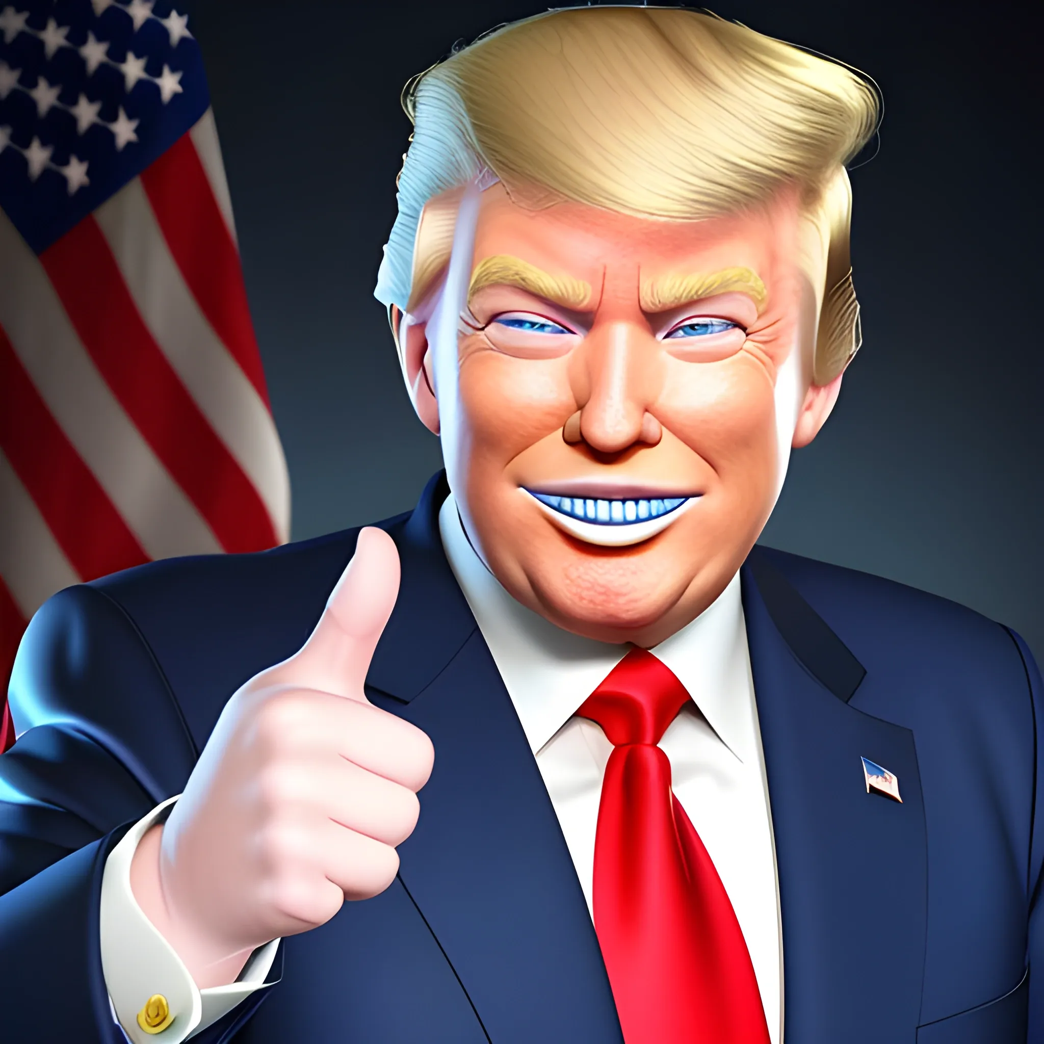 3D render of Happy Donald Trump with his arms crossed looking straight into camera, he looks plastic,  his face is clear and he is in the artstyle of fortnite. He has a navy blue suit on with a red tie. He looks kind of goofy looking , half body shot , 3d ,3D , Cartoon  ,  exactly Donald trump faces , smile , he is happy,  Donald Trump  cute smile , Trump is happy, Trump with a smile , Trump eyes looks nice and perfect, perfect eyes  , opened eyes , Donald Trump laughingly  . Blue eyed Donald Trump