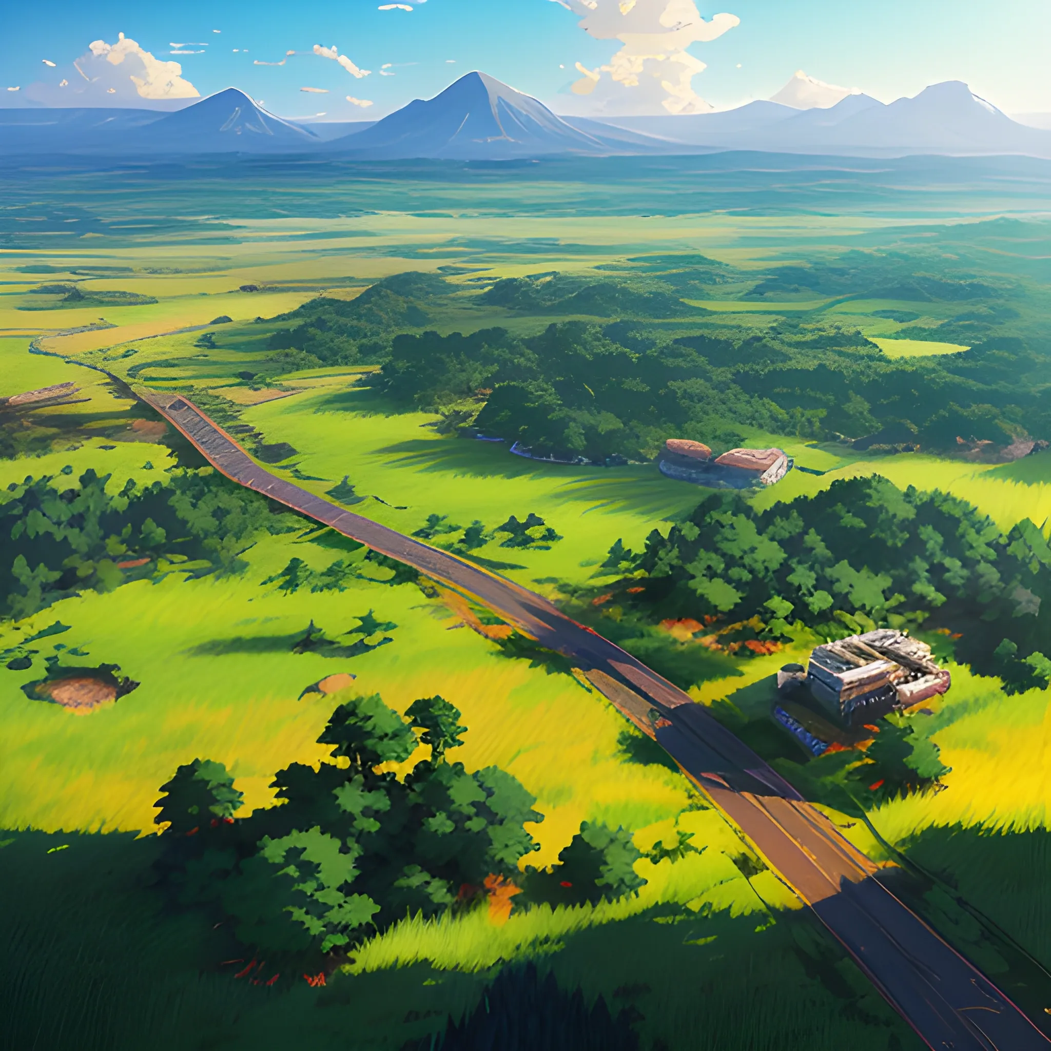 aerial view of an wide landscape with brush, greenery, small road and a sky, ray of sunshine... in the style of makoto shinkai and greg rutkowski and albert bierstadt and james gurney, Cartoon