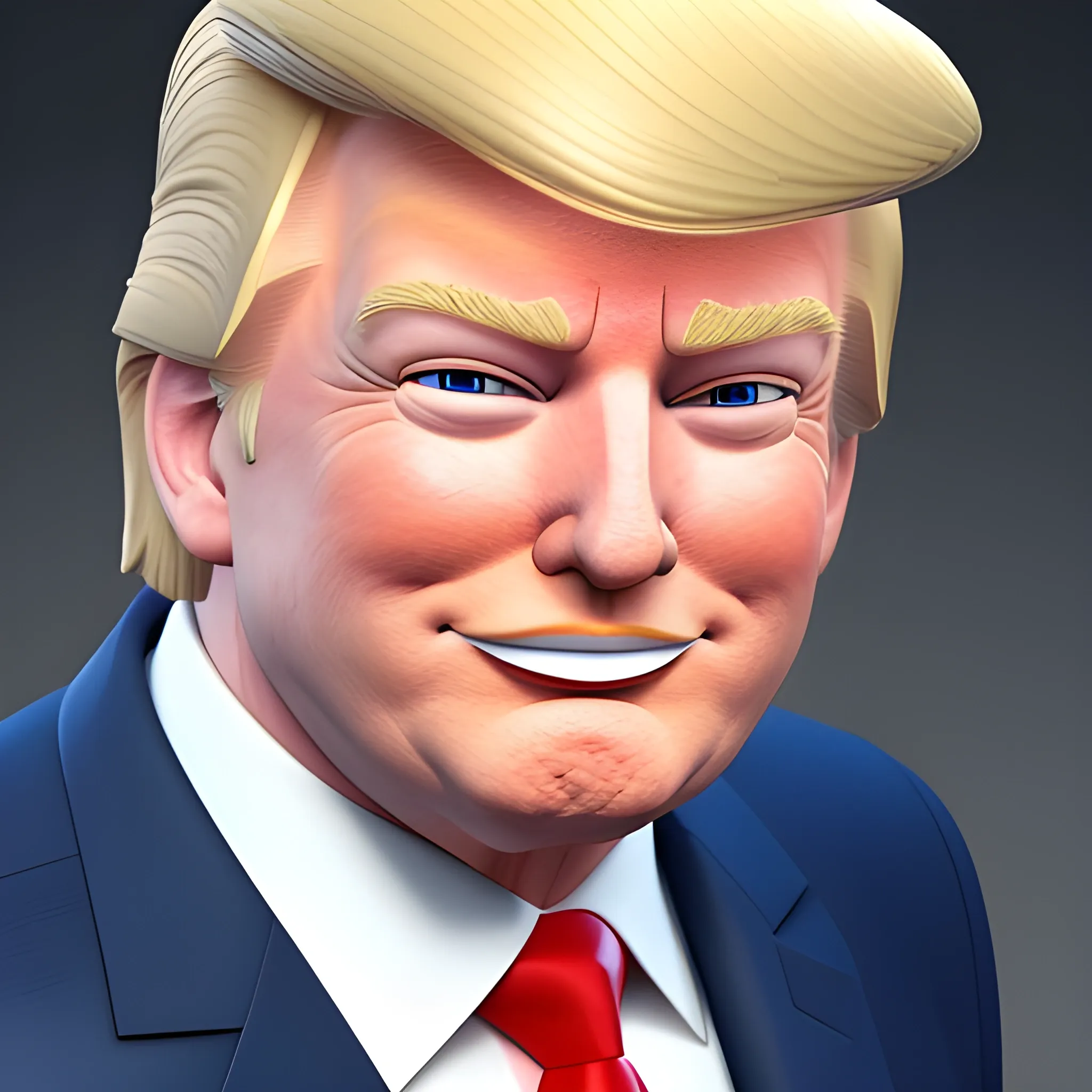 3D render of Happy Donald Trump with his arms crossed looking straight into camera, he looks plastic,  his face is clear and he is in the artstyle of fortnite. He has a navy blue suit on with a red tie. He looks kind of goofy looking , half body shot , 3d ,3D , Cartoon  ,  exactly Donald trump faces , smile , he is happy,  Donald Trump  cute smile , Trump is happy, Trump with a smile , Trump eyes looks nice and perfect, perfect eyes  , opened eyes , Donald Trump laughingly  . Blue eyed Donald Trump , soft cel shaded , halftone 