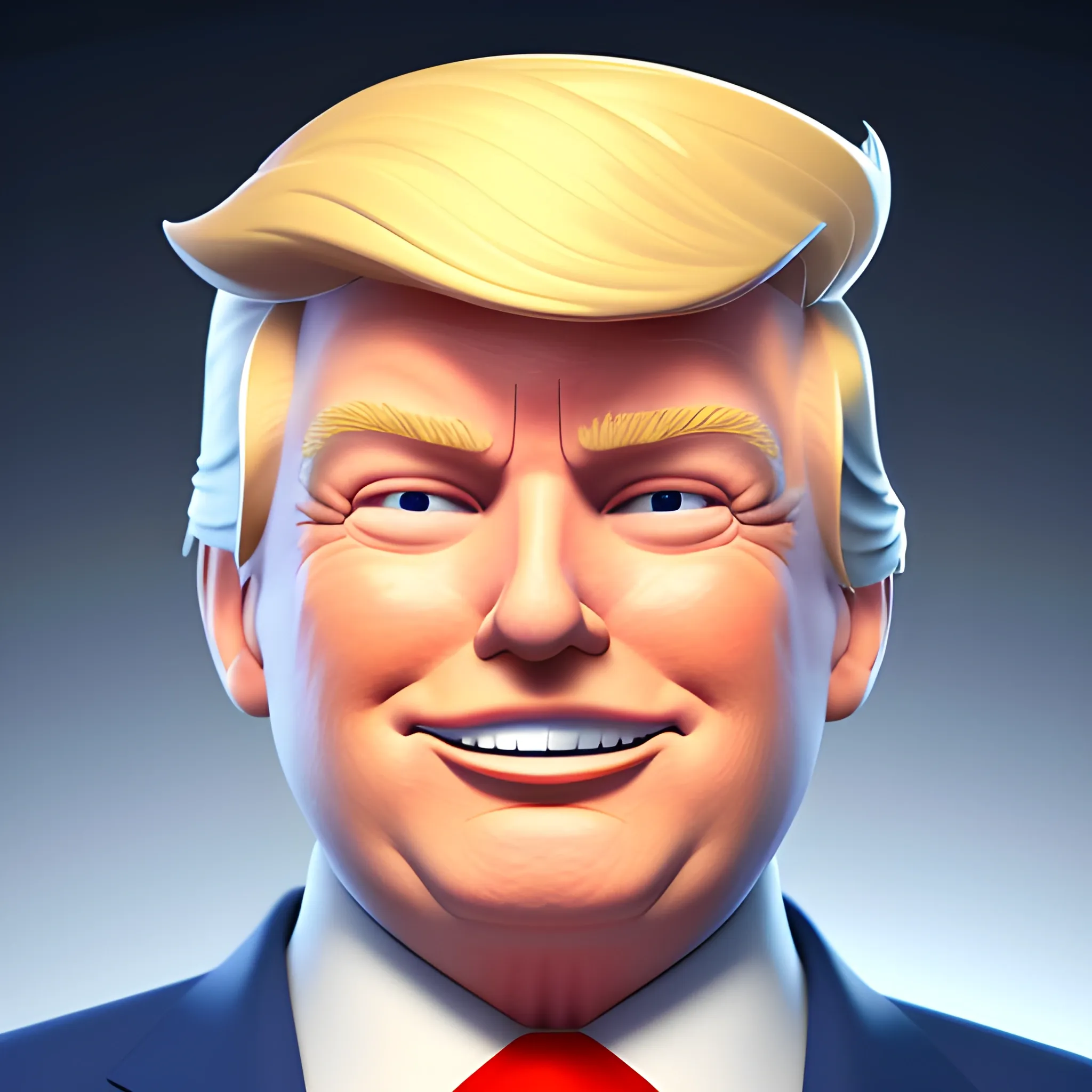 3D render of Happy Donald Trump with his arms crossed looking straight into camera, he looks plastic,  his face is clear and he is in the artstyle of fortnite. He has a navy blue suit on with a red tie. He looks kind of goofy looking , half body shot , 3d ,3D , Cartoon  ,  exactly Donald trump faces , smile , he is happy,  Donald Trump  cute smile , Trump is happy, Trump with a smile , Trump eyes looks nice and perfect, perfect eyes  , opened eyes , Donald Trump laughingly  . Blue eyed Donald Trump , soft cel shaded , halftone 