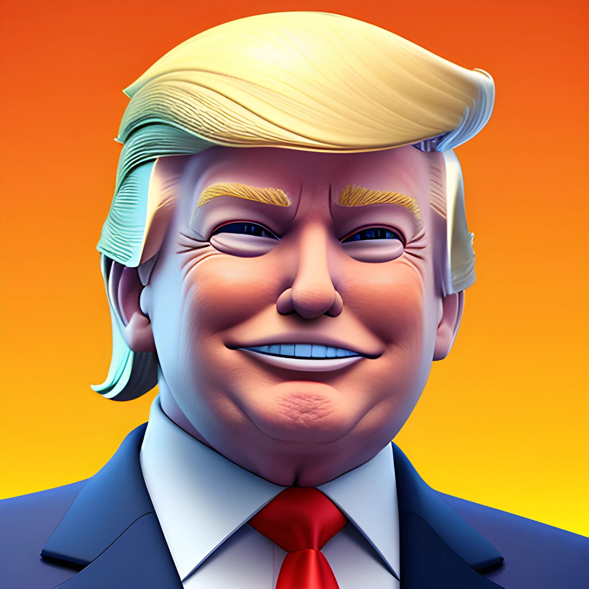 3D render of Happy Donald Trump with his arms crossed looking straight into camera, he looks plastic,  his face is clear and he is in the artstyle of fortnite. He has a navy blue suit on with a red tie. He looks kind of goofy looking , half body shot , 3d ,3D , Cartoon  ,  exactly Donald trump faces , smile , he is happy,  Donald Trump  cute smile , Trump is happy, Trump with a smile , Trump eyes looks nice and perfect, perfect eyes  , opened eyes , Donald Trump laughingly  . Blue eyed Donald Trump , soft cel shaded , halftone 