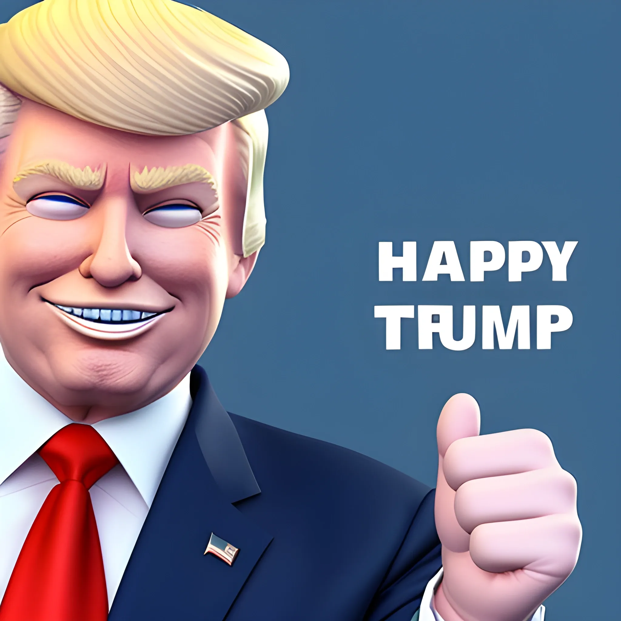 3D render of Happy Donald Trump with his arms crossed looking straight into camera, he looks plastic,  his face is clear and he is in the artstyle of fortnite. He has a navy blue suit on with a red tie. He looks kind of goofy looking , half body shot , 3d ,3D , Cartoon  ,  exactly Donald trump faces , smile , he is happy,  Donald Trump  cute smile , Trump is happy, Trump with a smile , Trump eyes looks nice and perfect, perfect eyes  , opened eyes , Donald Trump laughingly  . Blue eyed Donald Trump , soft cel shaded , halftone 