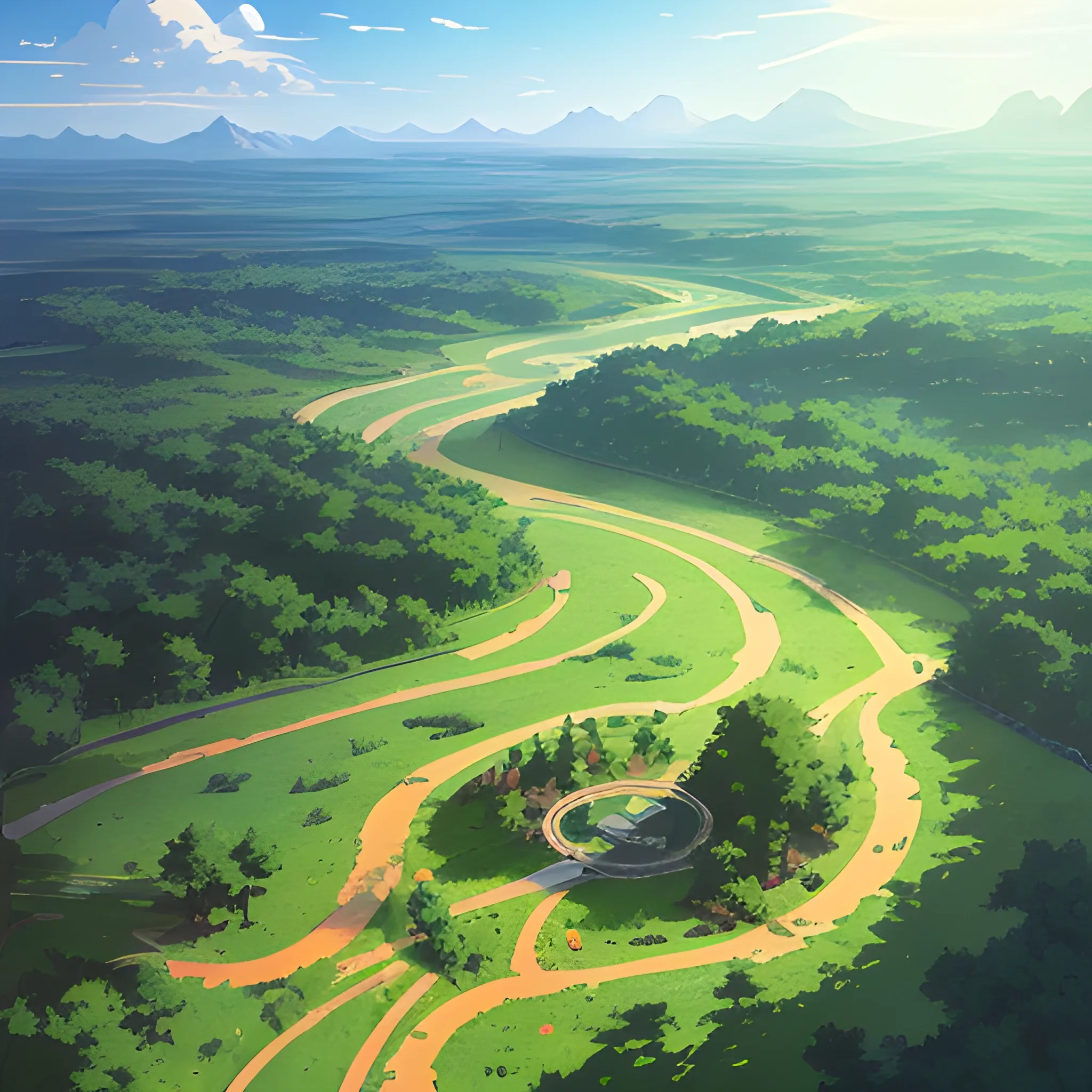 aerial view of an wide landscape with brush, greenery, small road and a sky, ray of sunshine... in the style of makoto shinkai and greg rutkowski and albert bierstadt and james gurney, Cartoon