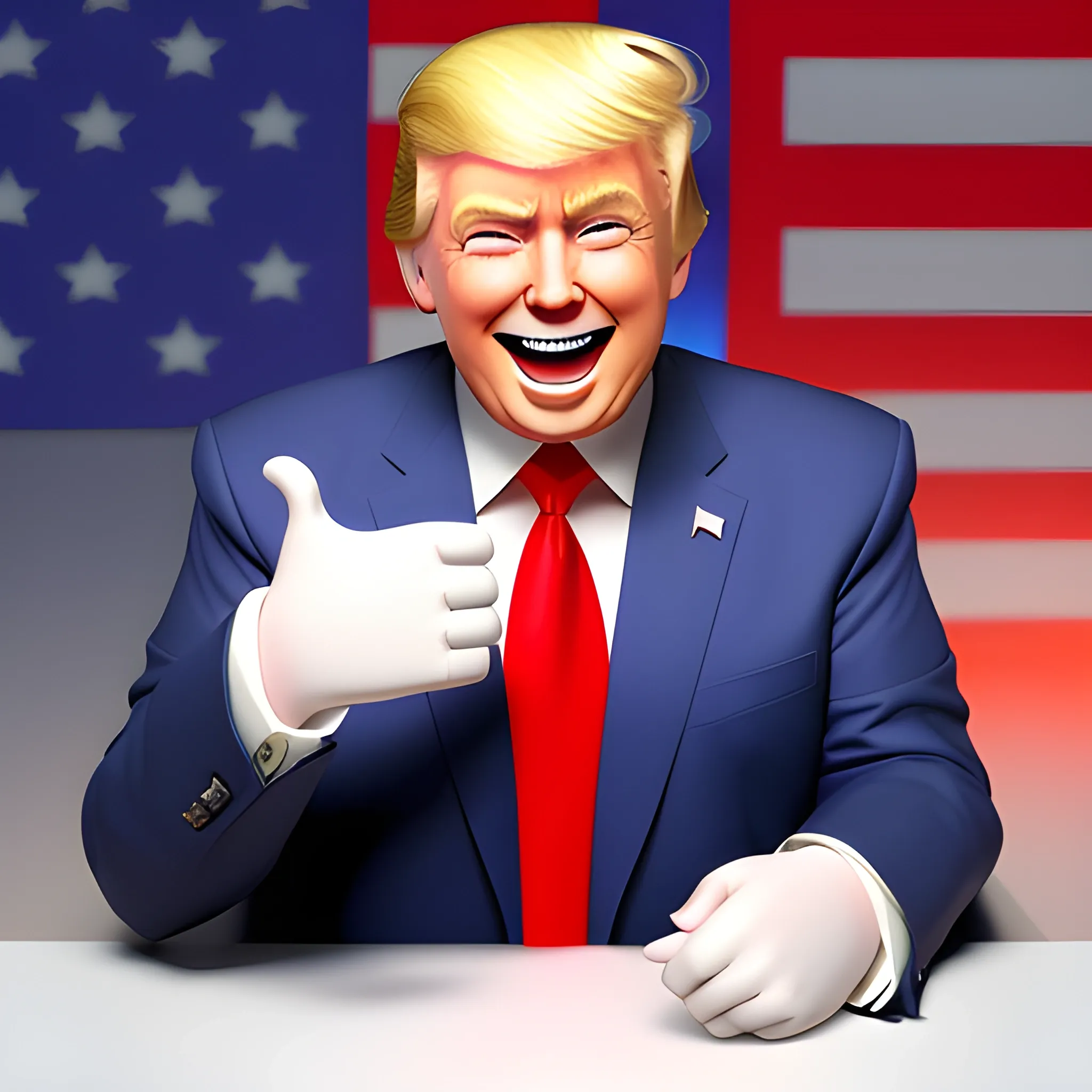 3D render of Happy Donald Trump gives a like with his hand looking straight into camera, he looks plastic,  his face isclear and he is in the artstyle of fortnite. He has a navy blue suit on with a red tie. He looks kind of goofy looking , half body shot , 3d ,3D , Cartoon  ,  exactly Donald trump faces , smile , he is happy,  Donald Trump  cute smile , Trump is happy, Trump with a smile , Trump eyes looks nice and perfect, perfect eyes  , opened eyes , Donald Trump laughingly  . Blue eyed Donald Trump , soft cel shaded , halftone Donald trump,  TRUMP , Trump