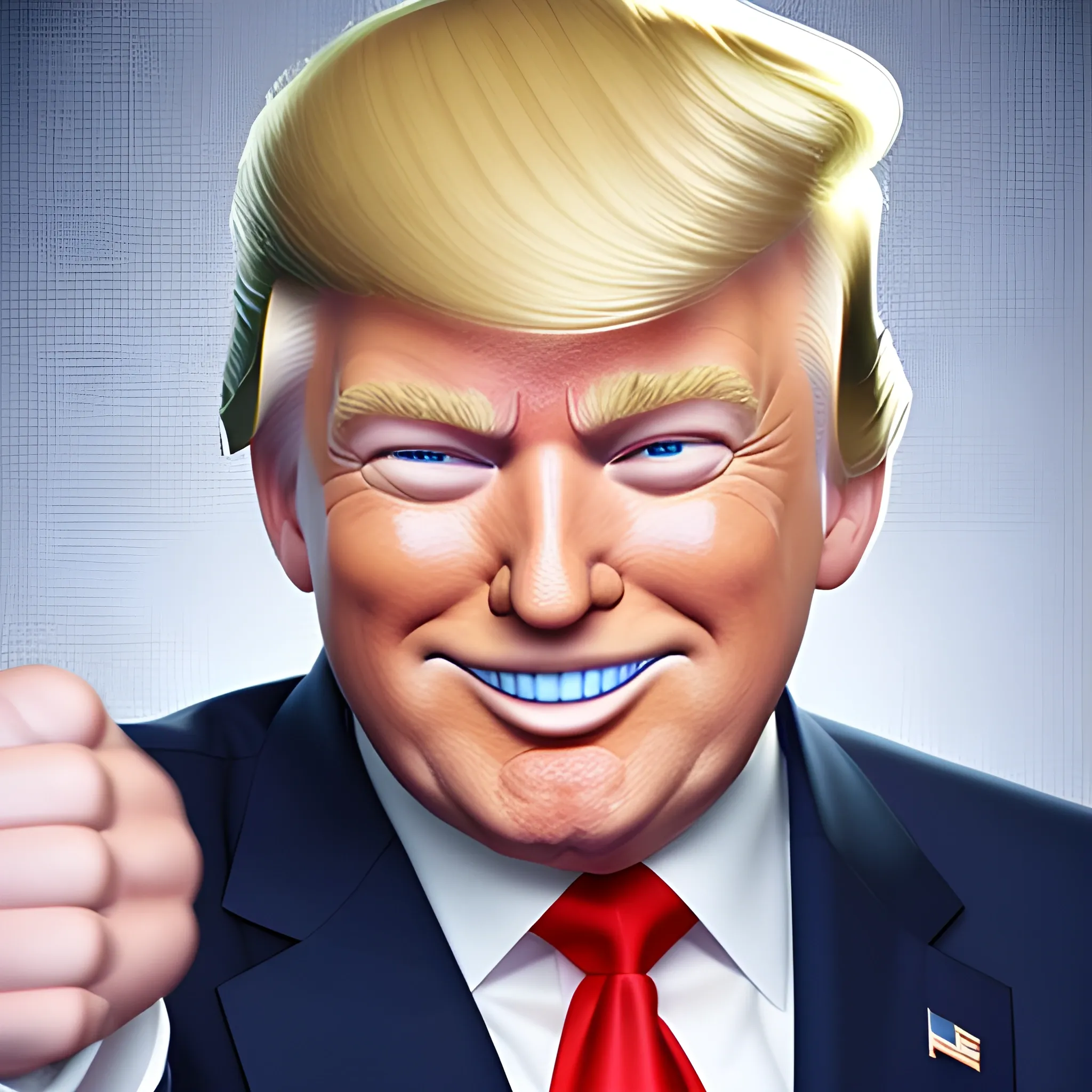 3D render of Happy Donald Trump gives a like with his hand looking straight into camera, he looks plastic,  his face isclear and he is in the artstyle of fortnite. He has a navy blue suit on with a red tie. He looks kind of goofy looking , half body shot , 3d ,3D , Cartoon  ,  exactly Donald trump faces , smile , he is happy,  Donald Trump  cute smile , Trump is happy, Trump with a smile , Trump eyes looks nice and perfect, perfect eyes  , opened eyes , Donald Trump laughingly  . Blue eyed Donald Trump , soft cel shaded , halftone Donald trump,  TRUMP , Trump