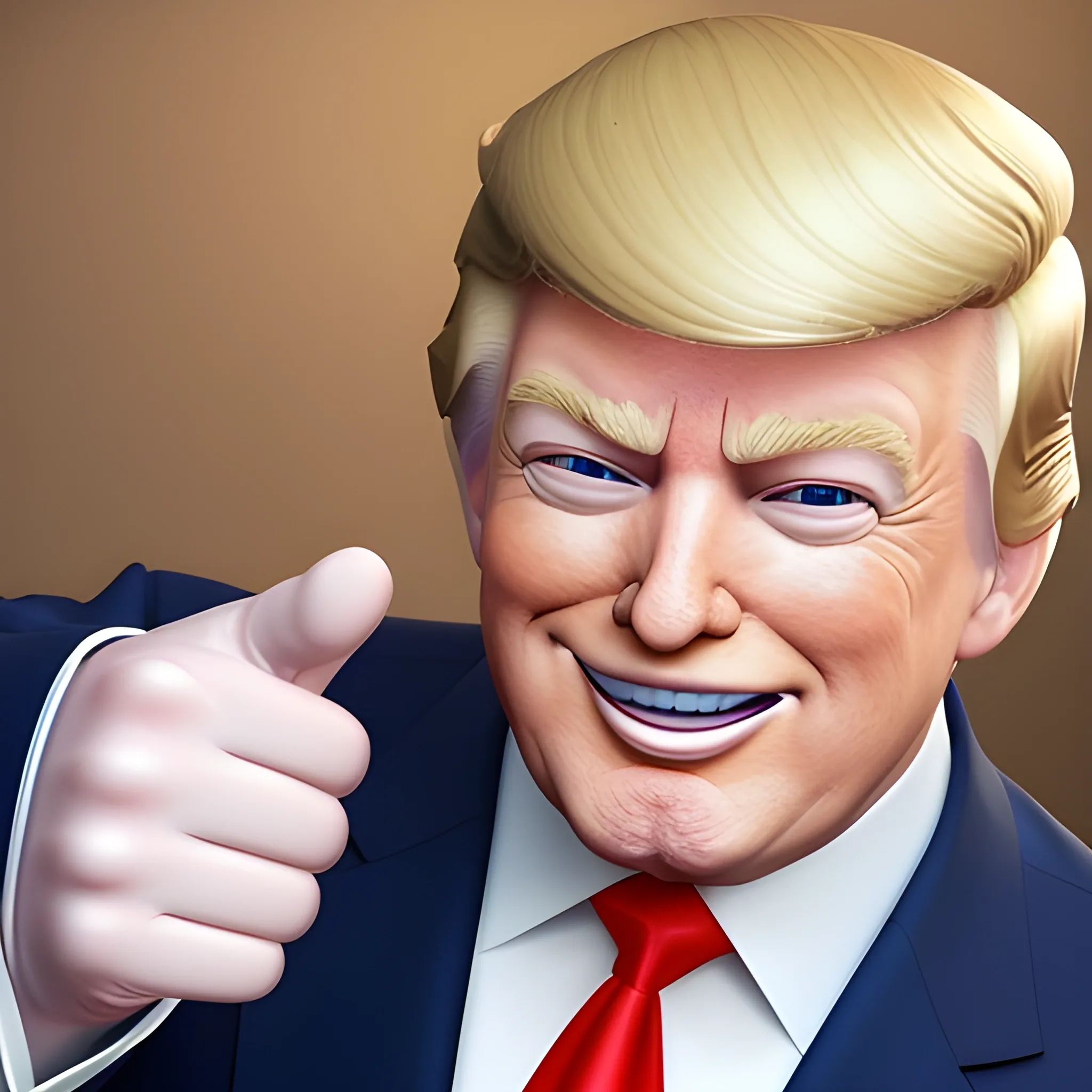 3D render of Happy Donald Trump gives a like with his hand looking straight into camera, he looks plastic,  his face isclear and he is in the artstyle of fortnite. He has a navy blue suit on with a red tie. He looks kind of goofy looking , half body shot , 3d ,3D , Cartoon  ,  exactly Donald trump faces , smile , he is happy,  Donald Trump  cute smile , Trump is happy, Trump with a smile , Trump eyes looks nice and perfect, perfect eyes  , opened eyes , Donald Trump laughingly  . Blue eyed Donald Trump , soft cel shaded , halftone Donald trump,  TRUMP , Trump,  Donald Trump , president Donald , Trump