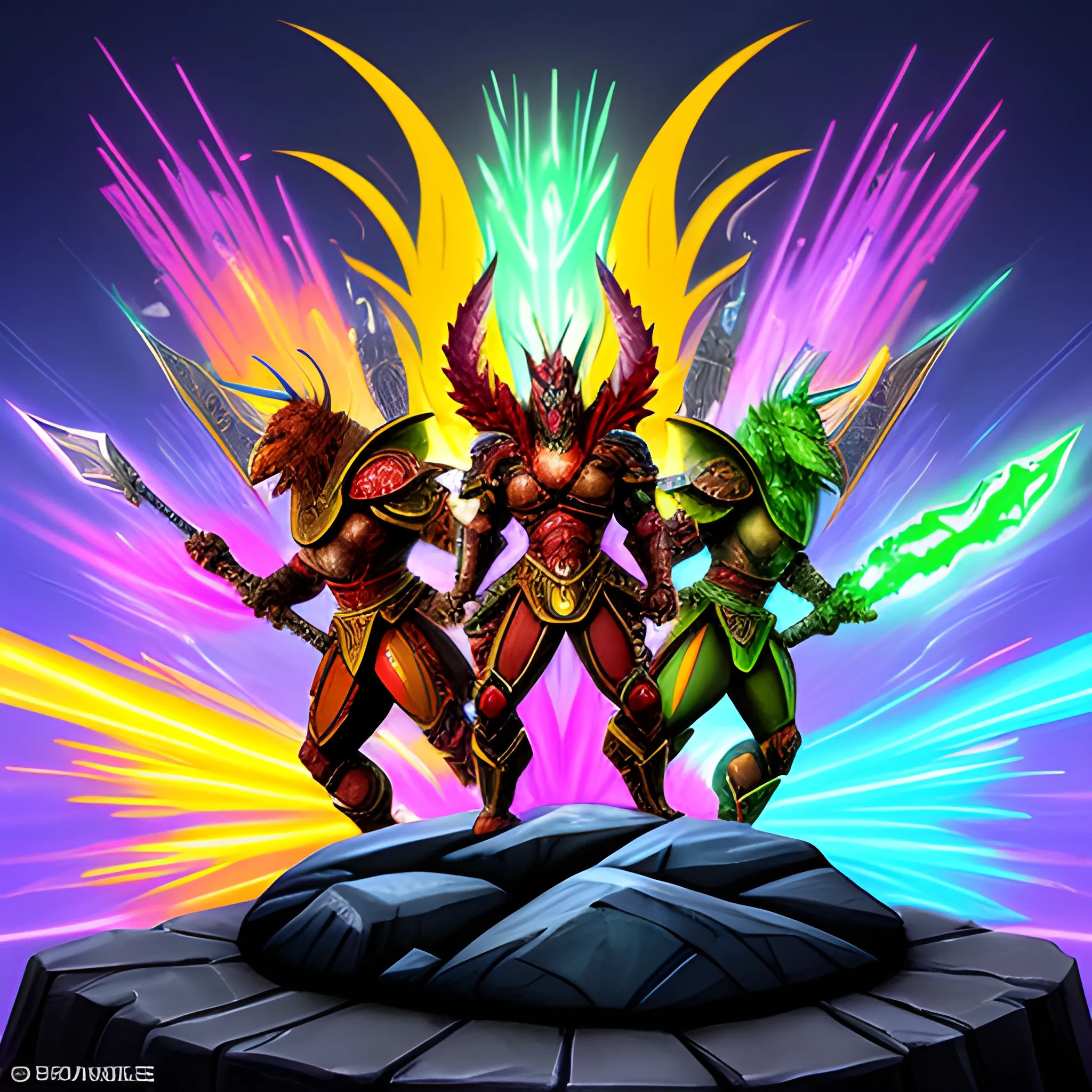 Brave warriors with diverse, colorful weapons and armor, standing heroically and determined in an Disney style. Fire, ice, eart, lightning, and other mystical elements.Cartoonish monsters such as dragons, golems, and other mythical creatures with a cute yet menacing look, surrounding the warriors.Colorful, vibrant, and cartoonish, capturing the fantasy theme of a tower defense game.Full of action and excitement, with sparks flying and magical effects lighting up the scene.