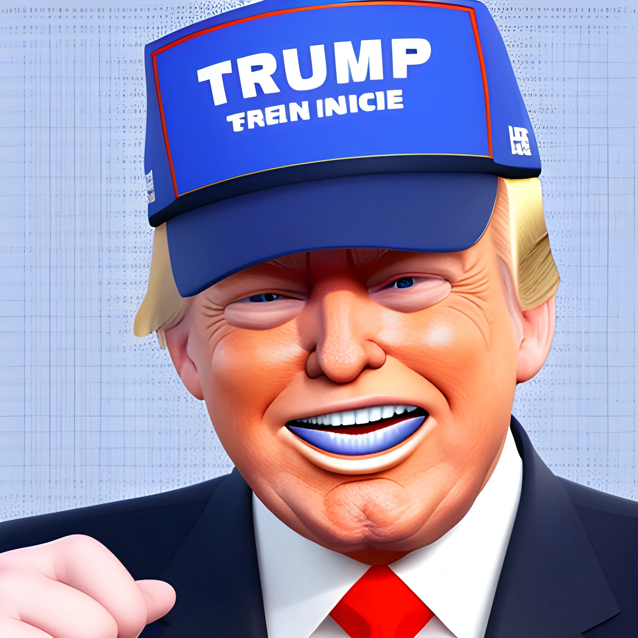 3D render of Happy Donald Trump gives a like with his hand looking straight into camera, he looks plastic,  his face isclear and he is in the artstyle of fortnite. He has a navy blue suit on with a red tie. He looks kind of goofy looking , half body shot , 3d ,3D , Cartoon  ,  exactly Donald trump faces , smile , he is happy,  Donald Trump  cute smile , Trump is happy, Trump with a smile , Trump eyes looks nice and perfect, perfect eyes  , opened eyes , Donald Trump laughingly  . Blue eyed Donald Trump , soft cel shaded , halftone Donald trump,  TRUMP , Trump,  Donald Trump , president Donald , Trump