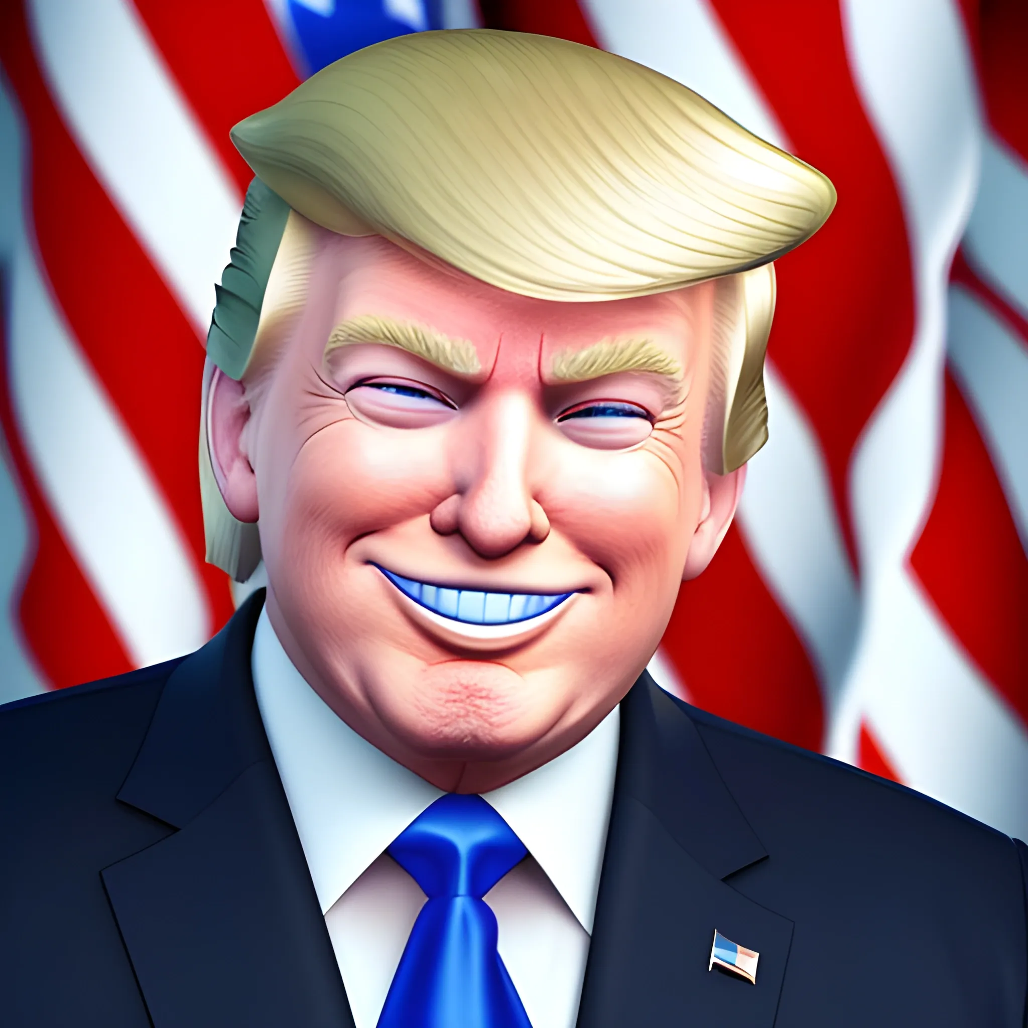 3D render of Happy Donald Trump gives a like with his hand looking straight into camera, he looks plastic,  his face isclear and he is in the artstyle of fortnite. He has a navy blue suit on with a red tie. He looks kind of goofy looking , half body shot , 3d ,3D , Cartoon  ,  exactly Donald trump faces , smile , he is happy,  Donald Trump  cute smile , Trump is happy, Trump with a smile , Trump eyes looks nice and perfect, perfect eyes  , opened eyes , Donald Trump laughingly  . Blue eyed Donald Trump , soft cel shaded , halftone Donald trump,  TRUMP , Trump,  Donald Trump , president Donald , Trump , perfect mouth 