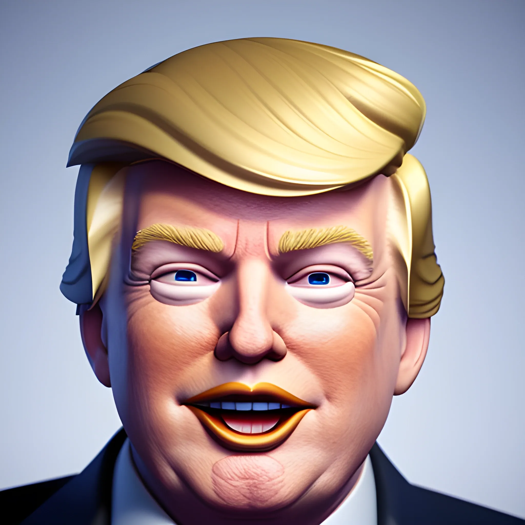 3D render of Happy Donald Trump gives a like with his hand looking straight into camera, he looks plastic,  his face isclear and he is in the artstyle of fortnite. He has a navy blue suit on with a red tie. He looks kind of goofy looking , half body shot , 3d ,3D , Cartoon  ,  exactly Donald trump faces , smile , he is happy,  Donald Trump  cute smile , Trump is happy, Trump with a smile , Trump eyes looks nice and perfect, perfect eyes  , opened eyes , Donald Trump laughingly  . Blue eyed Donald Trump , soft cel shaded , halftone Donald trump,  TRUMP , Trump,  Donald Trump , president Donald , Trump , perfect mouth , perfect eyes, smooth face, soft face, clear face