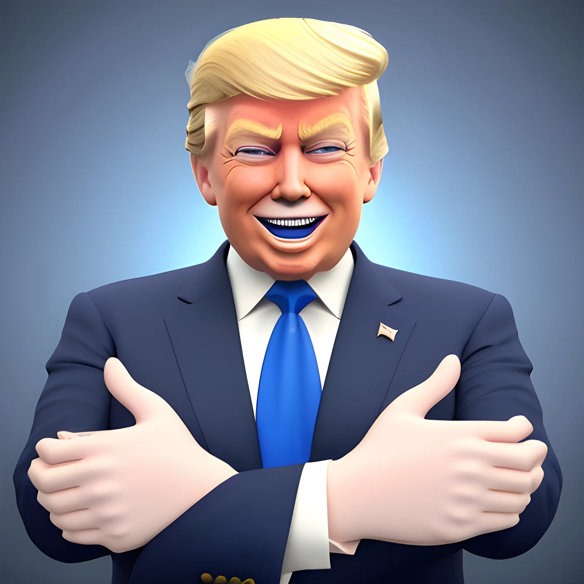 3D render of Happy Donald Trump gives a like with his hand looking straight into camera, he looks plastic,  his face isclear and he is in the artstyle of fortnite. He has a navy blue suit on with a red tie. He looks kind of goofy looking , half body shot , 3d ,3D , Cartoon  ,  exactly Donald trump faces , smile , he is happy,  Donald Trump  cute smile , Trump is happy, Trump with a smile , Trump eyes looks nice and perfect, perfect eyes  , opened eyes , Donald Trump laughingly  . Blue eyed Donald Trump , soft cel shaded , halftone Donald trump,  TRUMP , Trump,  Donald Trump , president Donald , Trump , perfect mouth , perfect eyes, smooth face, soft face, clear face , satisfying 