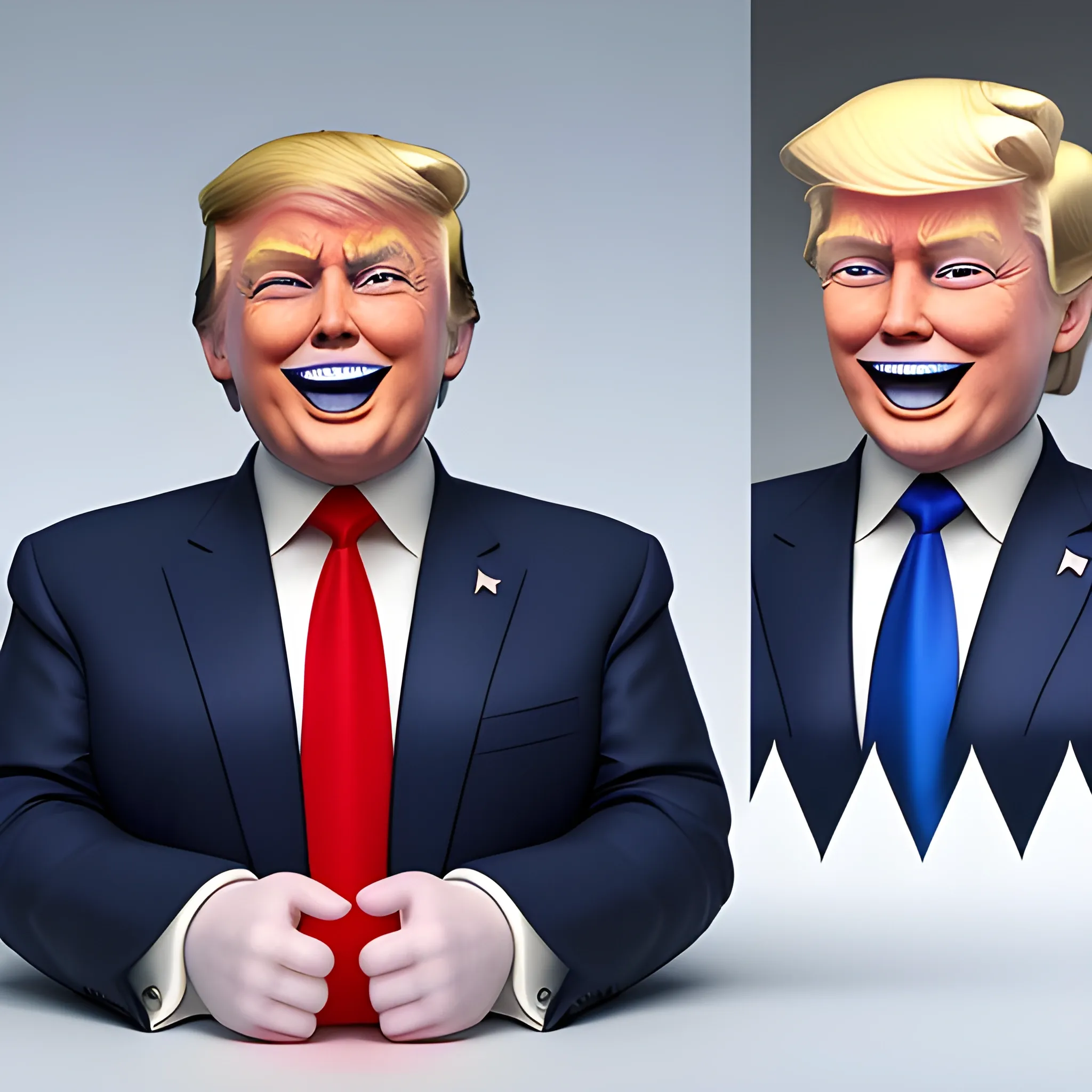 3D render of Happy Donald Trump gives a like with his hand looking straight into camera, he looks plastic,  his face isclear and he is in the artstyle of fortnite. He has a navy blue suit on with a red tie. He looks kind of goofy looking , half body shot , 3d ,3D , Cartoon  ,  exactly Donald trump faces , smile , he is happy,  Donald Trump  cute smile , Trump is happy, Trump with a smile , Trump eyes looks nice and perfect, perfect eyes  , opened eyes , Donald Trump laughingly  . Blue eyed Donald Trump , soft cel shaded , halftone Donald trump,  TRUMP , Trump,  Donald Trump , president Donald , Trump , perfect mouth , perfect eyes, smooth face, soft face, clear face , satisfying  , Donald J. Trump