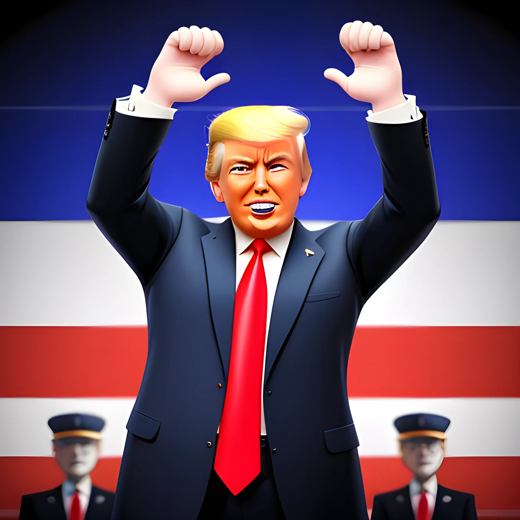 3D render of Happy Donald Trump gives a like with his hand looking straight into camera, he looks plastic,  his face isclear and he is in the artstyle of fortnite. He has a navy blue suit on with a red tie. He looks kind of goofy looking , half body shot , 3d ,3D , Cartoon  ,  exactly Donald trump faces , smile , he is happy,  Donald Trump  cute smile , Trump is happy, Trump with a smile , Trump eyes looks nice and perfect, perfect eyes  , opened eyes , Donald Trump laughingly  . Blue eyed Donald Trump , soft cel shaded , halftone Donald trump,  TRUMP , Trump,  Donald Trump , president Donald , Trump , perfect mouth , perfect eyes, smooth face, soft face, clear face , satisfying  , Donald J. Trump