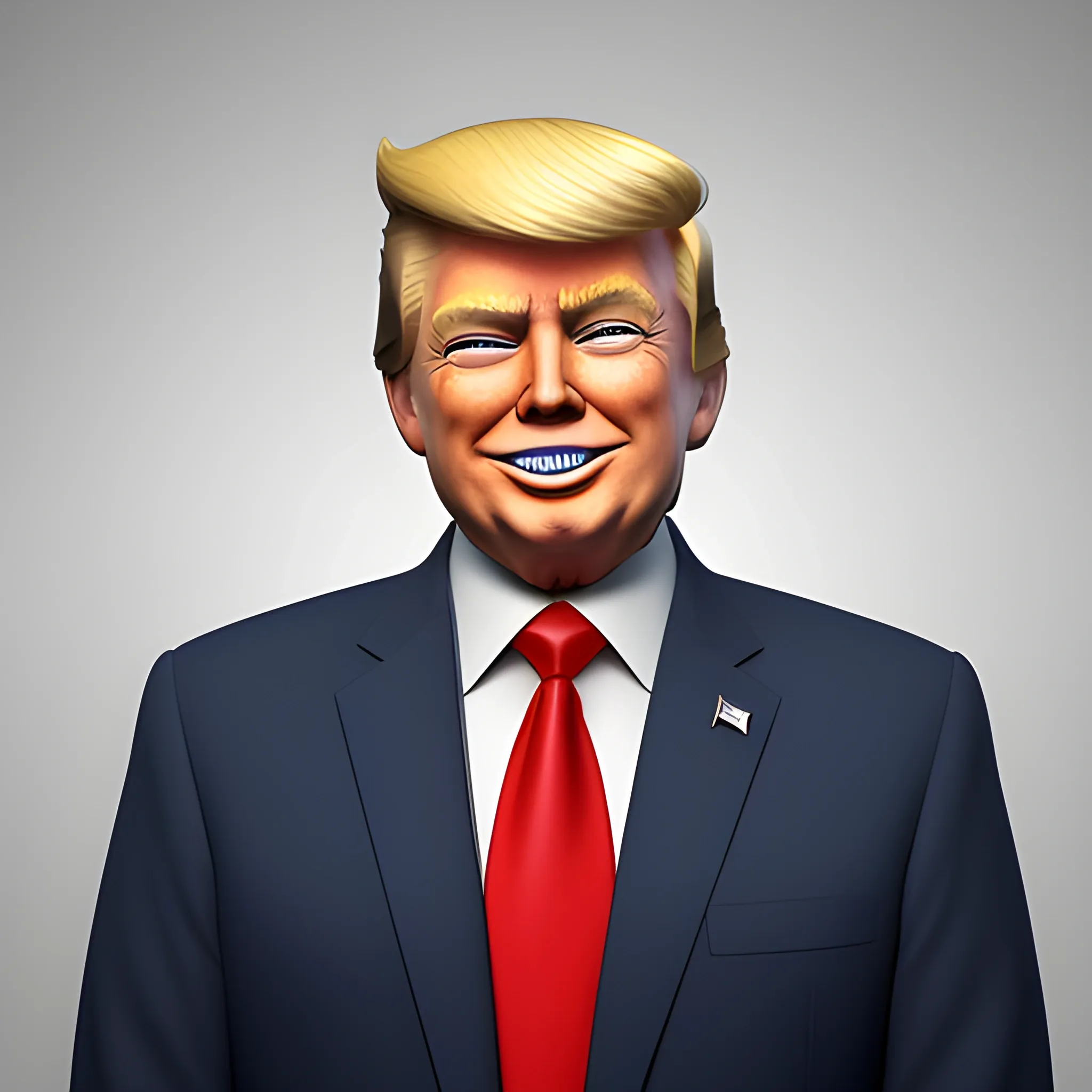 3D render of Happy Donald Trump gives a like with his hand looking straight into camera, he looks plastic,  his face isclear and he is in the artstyle of fortnite. He has a navy blue suit on with a red tie. He looks kind of goofy looking , half body shot , 3d ,3D , Cartoon  ,  exactly Donald trump faces , smile , he is happy,  Donald Trump  cute smile , Trump is happy, Trump with a smile , Trump eyes looks nice and perfect, perfect eyes  , opened eyes , Donald Trump laughingly  . Blue eyed Donald Trump , soft cel shaded , halftone Donald trump,  TRUMP , Trump,  Donald Trump , president Donald , Trump , perfect mouth , perfect eyes, smooth face, soft face, clear face , satisfying  , Donald J. Trump