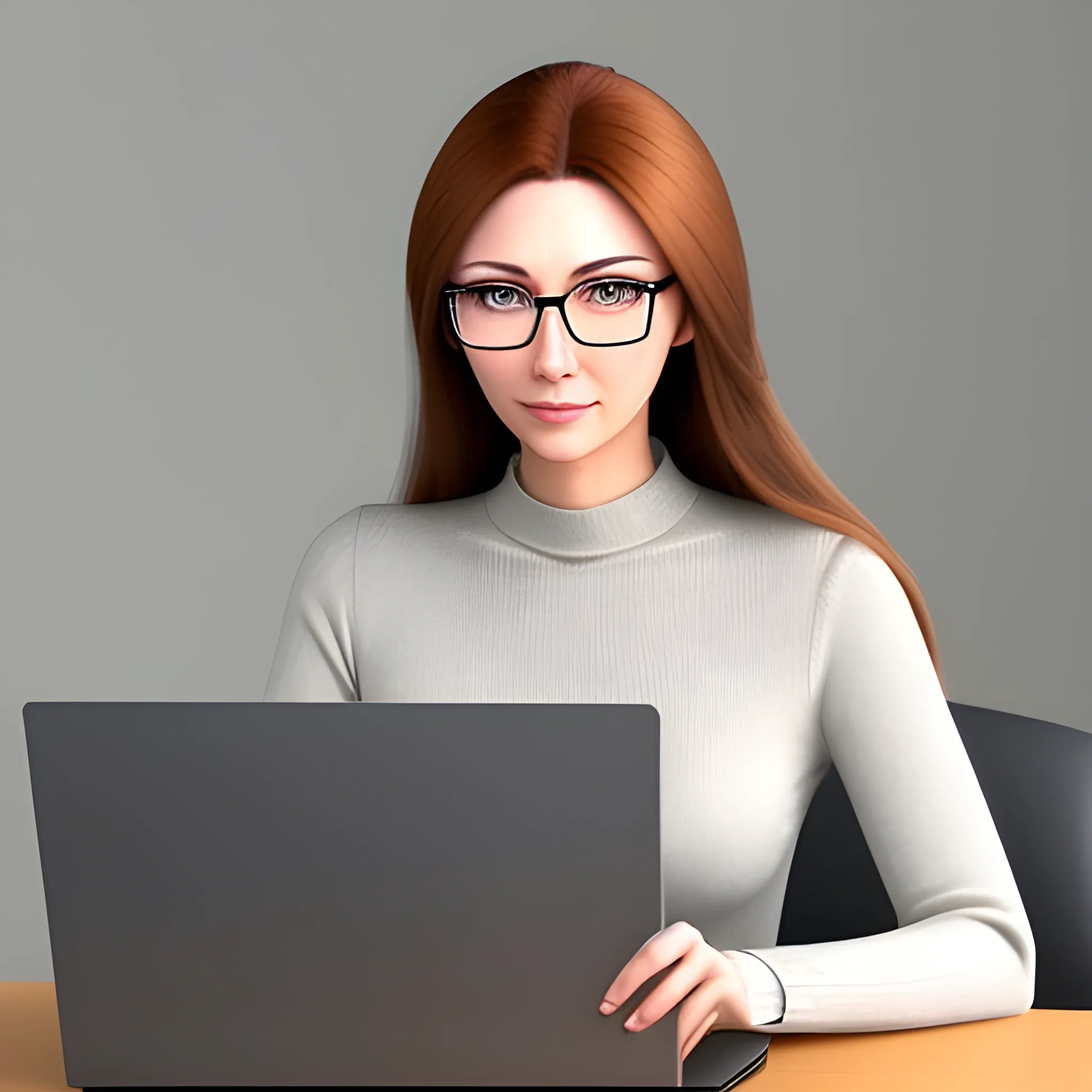 I need an image of a 21-year-old university systems engineering student. With long light brown hair, the girl has glasses and is sitting at a computer. He has a light gray long-sleeved sweater. the image must be anime style.