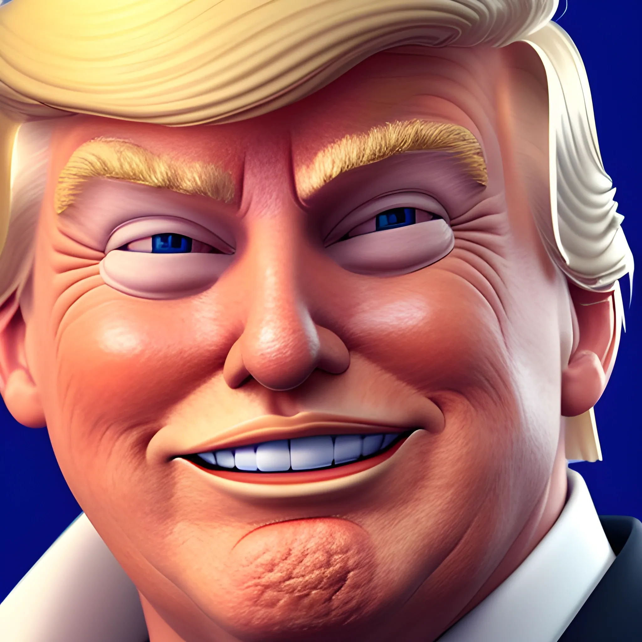 3D render of Happy Donald Trump gives a like with his hand looking straight into camera, he looks plastic,  his face isclear and he is in the artstyle of fortnite. He has a navy blue suit on with a red tie. He looks kind of goofy looking , half body shot , 3d ,3D , Cartoon  ,  exactly Donald trump faces , smile , he is happy,  Donald Trump  cute smile , Trump is happy, Trump with a smile , Trump eyes looks nice and perfect, perfect eyes  , opened eyes , Donald Trump laughingly  . Blue eyed Donald Trump , soft cel shaded , halftone Donald trump,  TRUMP , Trump,  Donald Trump , president Donald , Trump , perfect mouth , perfect eyes, smooth face, soft face, clear face , satisfying  , Donald J. Trump