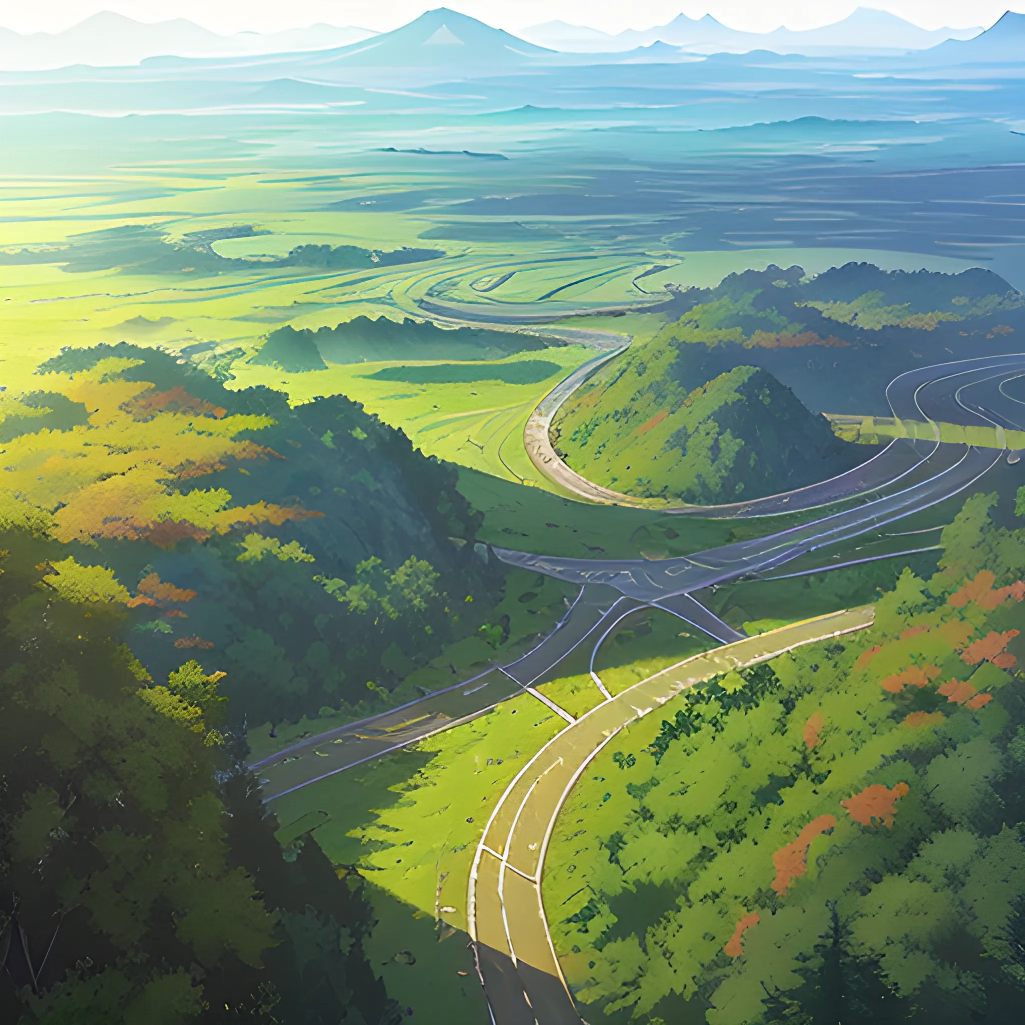 aerial view of an wide landscape with brush, greenery, small road and a sky, ray of sunshine... in the style of makoto shinkai and greg rutkowski and albert bierstadt and james gurney, Cartoon