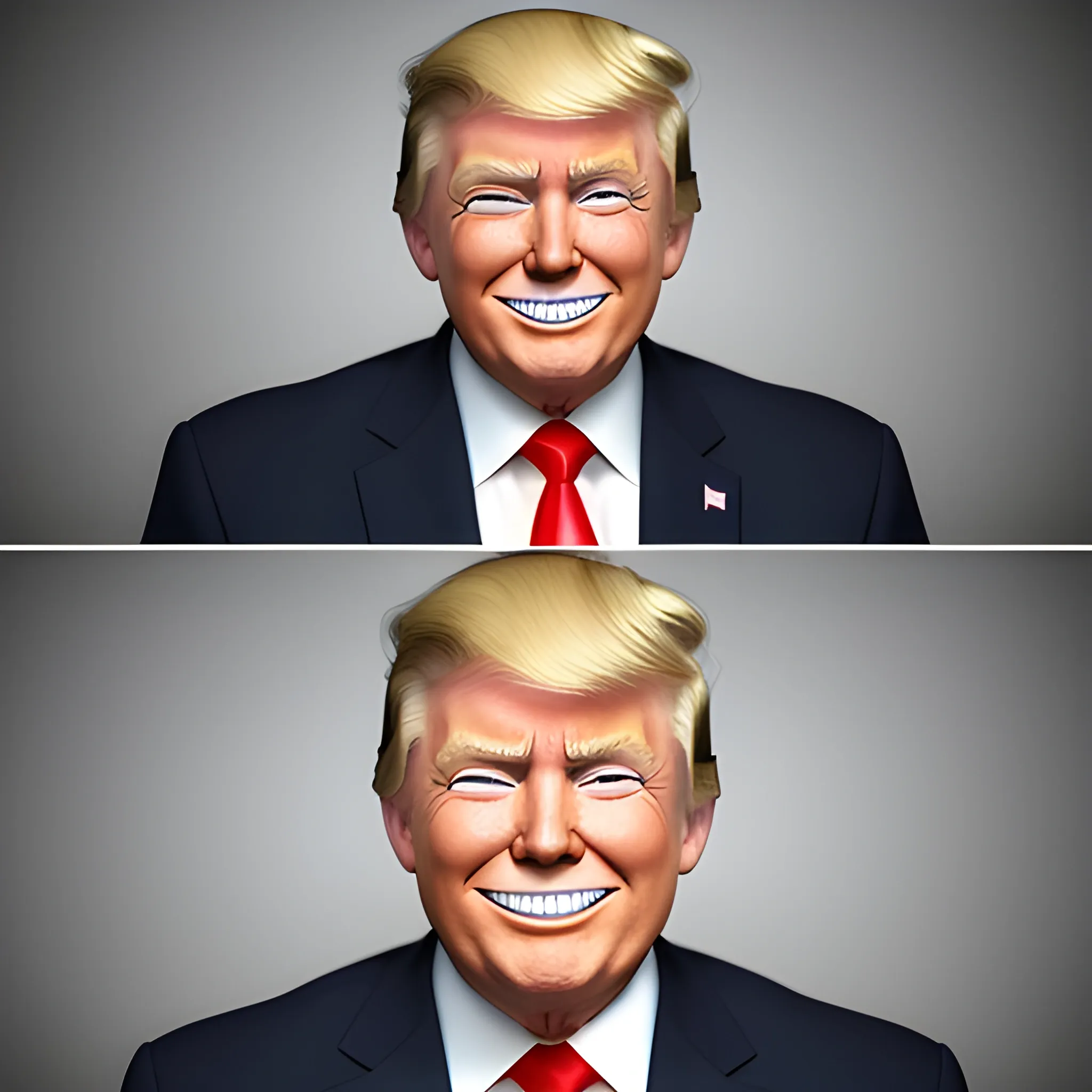 3D render of Happy Donald Trump gives a like with his hand looking straight into camera, he looks plastic,  his face isclear and he is in the artstyle of fortnite. He has a navy blue suit on with a red tie. He looks kind of goofy looking , half body shot , 3d ,3D , Cartoon  ,  exactly Donald trump faces , smile , he is happy,  Donald Trump  cute smile , Trump is happy, Trump with a smile , Trump eyes looks nice and perfect, perfect eyes  , opened eyes , Donald Trump laughingly  . Blue eyed Donald Trump , soft cel shaded , halftone Donald trump,  TRUMP , Trump,  Donald Trump , president Donald , Trump , perfect mouth , perfect eyes, smooth face, soft face, clear face , satisfying  , Donald J. Trump