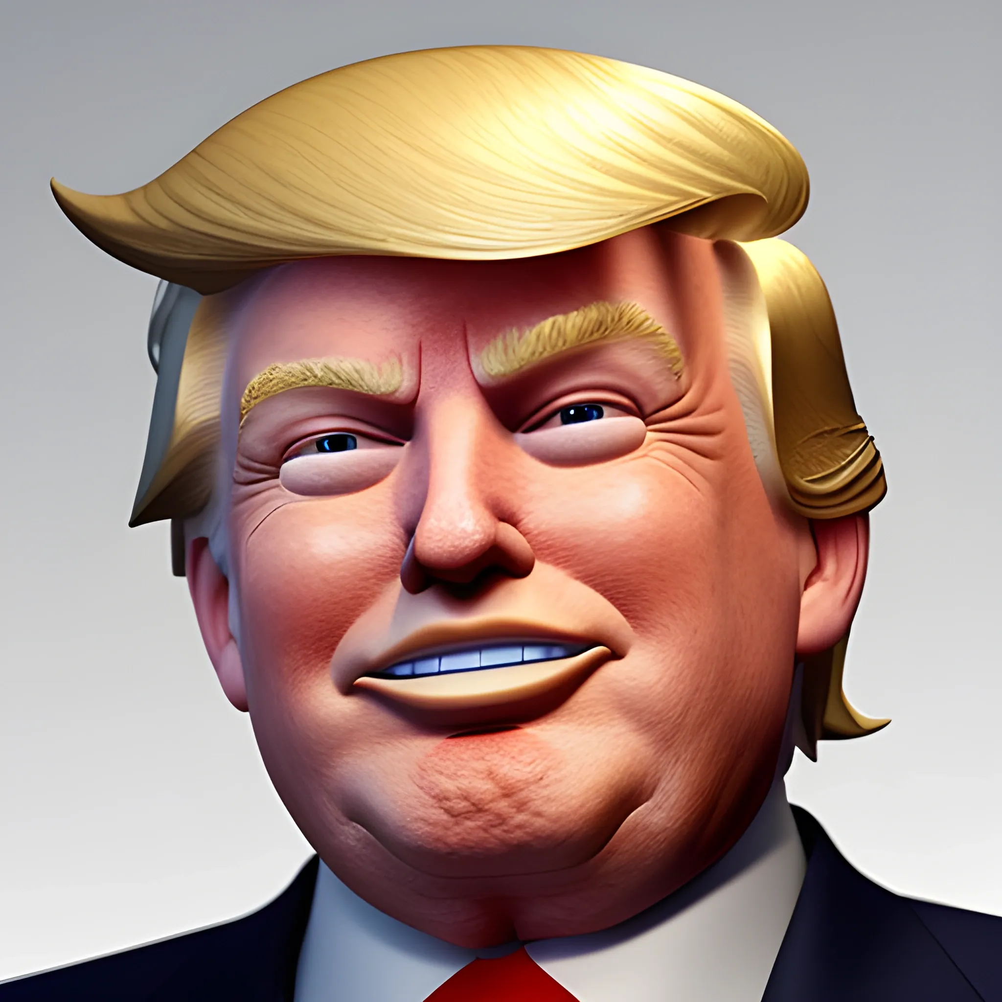 3D render of Happy Donald Trump gives a like with his hand looking straight into camera, he looks plastic,  his face isclear and he is in the artstyle of fortnite. He has a navy blue suit on with a red tie. He looks kind of goofy looking , half body shot , 3d ,3D , Cartoon  ,  exactly Donald trump faces , smile , he is happy,  Donald Trump  cute smile , Trump is happy, Trump with a smile , Trump eyes looks nice and perfect, perfect eyes  , opened eyes , Donald Trump laughingly  . Blue eyed Donald Trump , soft cel shaded , halftone Donald trump,  TRUMP , Trump,  Donald Trump , president Donald , Trump , perfect mouth , perfect eyes, smooth face, soft face, clear face , satisfying  , Donald J. Trump