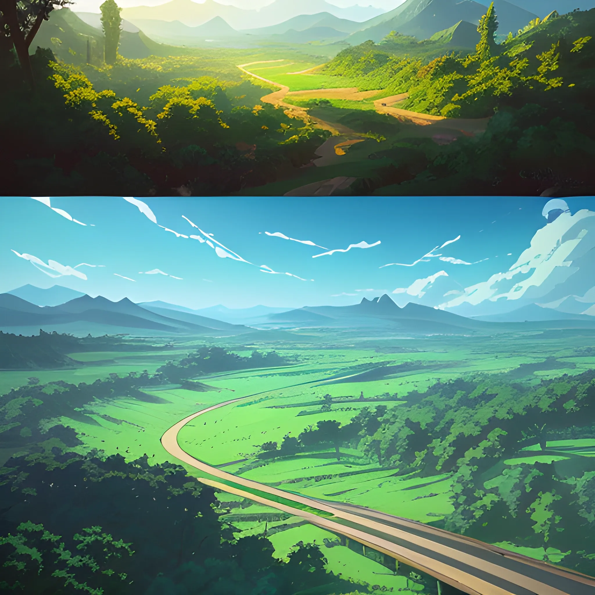 aerial view of an wide landscape with brush, greenery, small road and a sky, ray of sunshine... in the style of makoto shinkai and greg rutkowski and albert bierstadt and james gurney, Cartoon