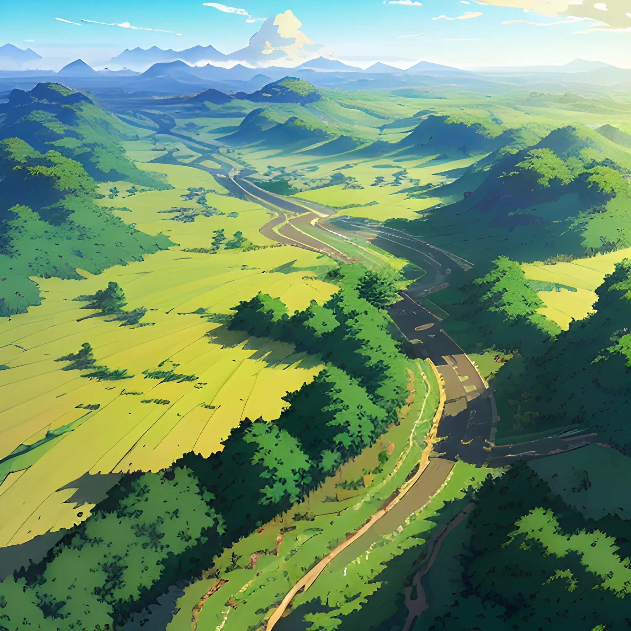 aerial view of an wide landscape with brush, greenery, small road and a sky, ray of sunshine... in the style of makoto shinkai and greg rutkowski and albert bierstadt and james gurney, Cartoon