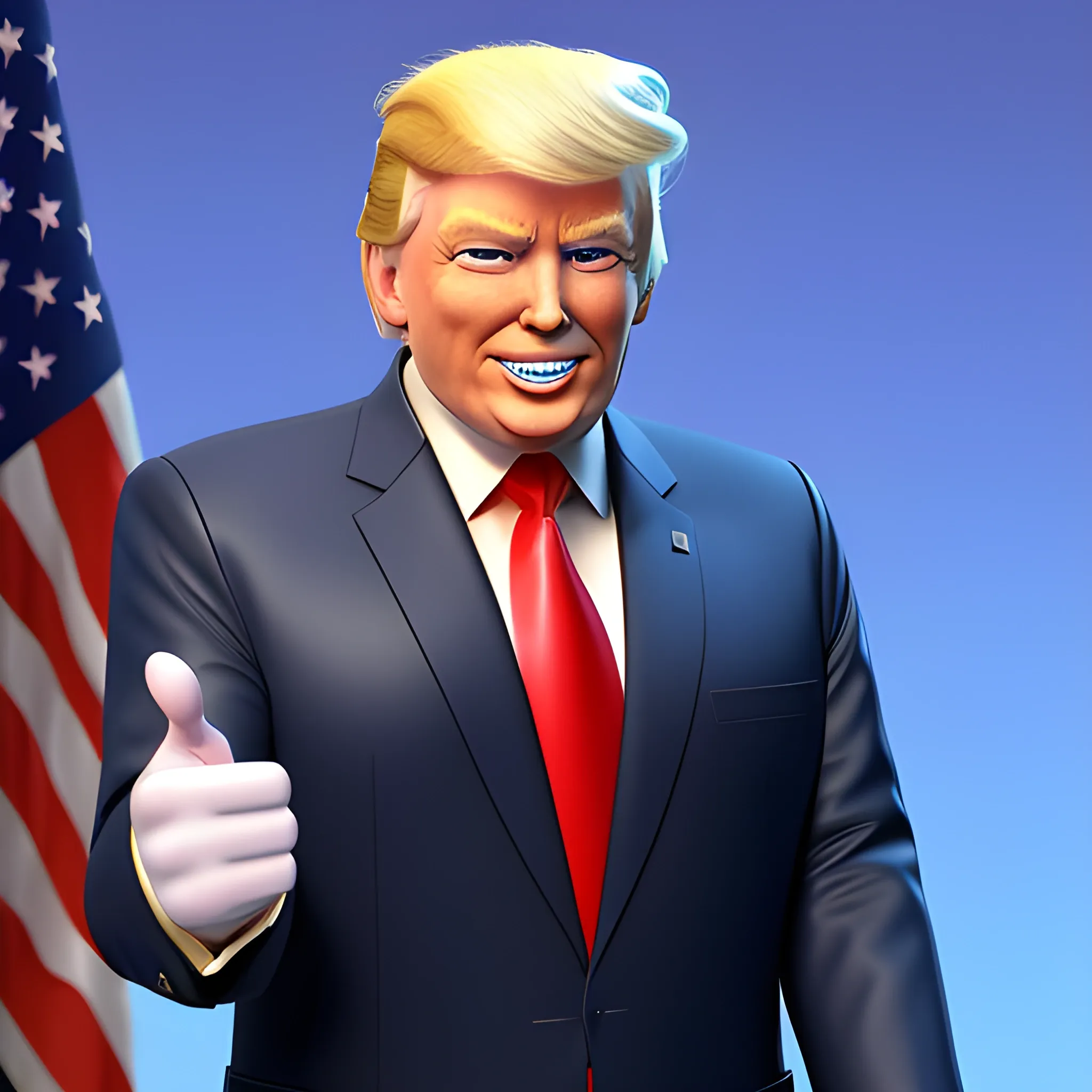 3D render of Happy Donald Trump gives a like with his hand looking straight into camera, he looks plastic,  his face isclear and he is in the artstyle of fortnite. He has a navy blue suit on with a red tie. He looks kind of goofy looking , half body shot , 3d ,3D , Cartoon  ,  exactly Donald trump faces , smile , he is happy,  Donald Trump  cute smile , Trump is happy, Trump with a smile , Trump eyes looks nice and perfect, perfect eyes  , opened eyes , Donald Trump laughingly  . Blue eyed Donald Trump , soft cel shaded , halftone Donald trump,  TRUMP , Trump,  Donald Trump , president Donald , Trump , perfect mouth , perfect eyes, smooth face, soft face, clear face , satisfying  , Donald J. Trump