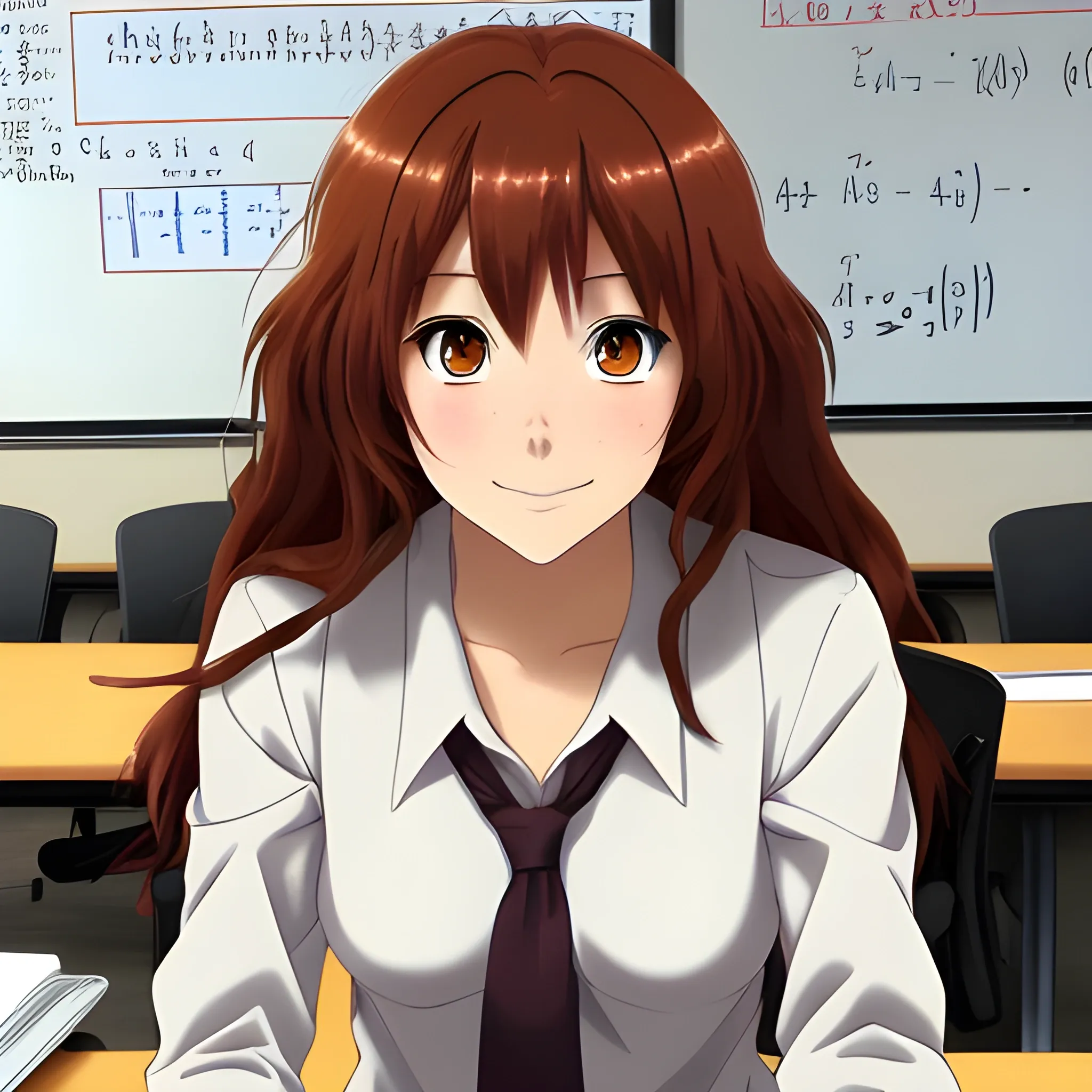 I need a picture of a 40 year old math teacher. His skin color is brown. With long short reddish brown hair, she is sitting at a desk. the image must be anime style