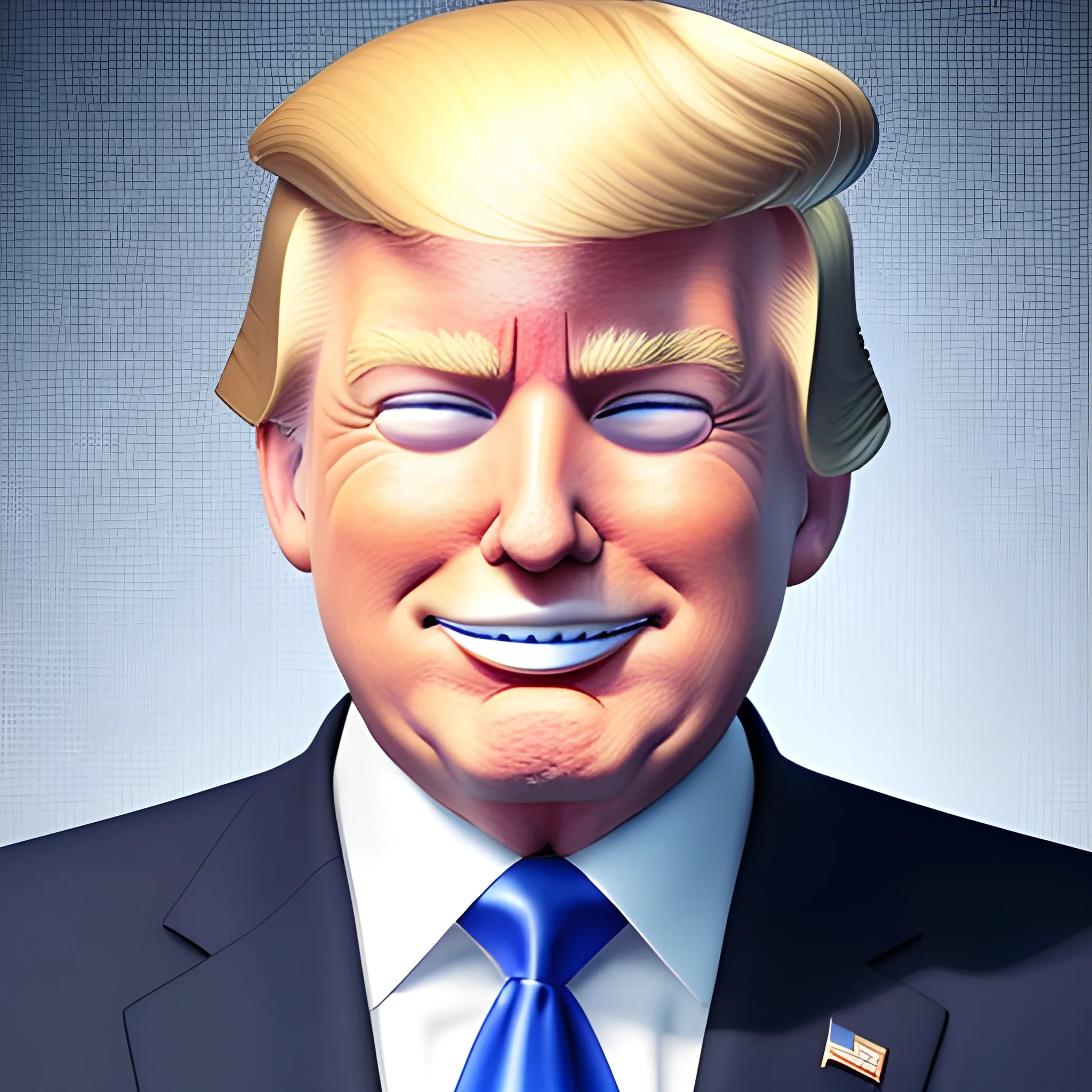 3D render of Happy Donald Trump gives a like with his hand looking straight into camera, he looks plastic,  his face isclear and he is in the artstyle of fortnite. He has a navy blue suit on with a red tie. He looks kind of goofy looking , half body shot , 3d ,3D , Cartoon  ,  exactly Donald trump faces , smile , he is happy,  Donald Trump  cute smile , Trump is happy, Trump with a smile , Trump eyes looks nice and perfect, perfect eyes  , opened eyes , Donald Trump laughingly  . Blue eyed Donald Trump , soft cel shaded , halftone Donald trump,  TRUMP , Trump,  Donald Trump , president Donald , Trump , perfect mouth , perfect eyes, smooth face, soft face, clear face , satisfying  , Donald J. Trump