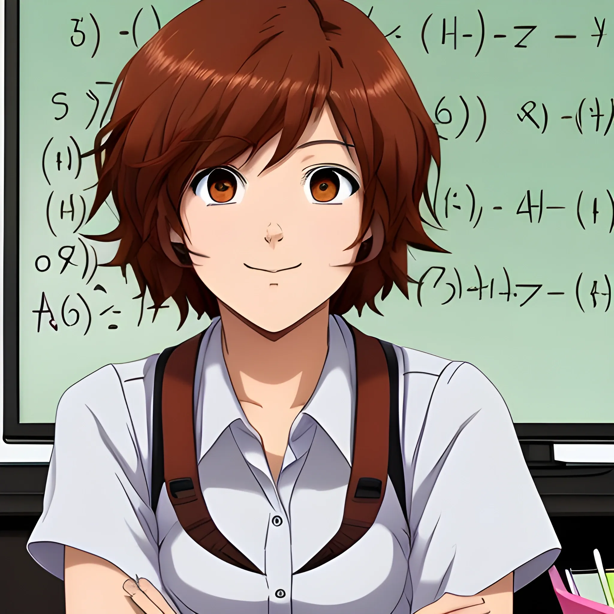 I need a picture of a 40 year old math teacher. His skin color is brown. With short reddish brown hair, she is sitting at a desk. the image must be anime style