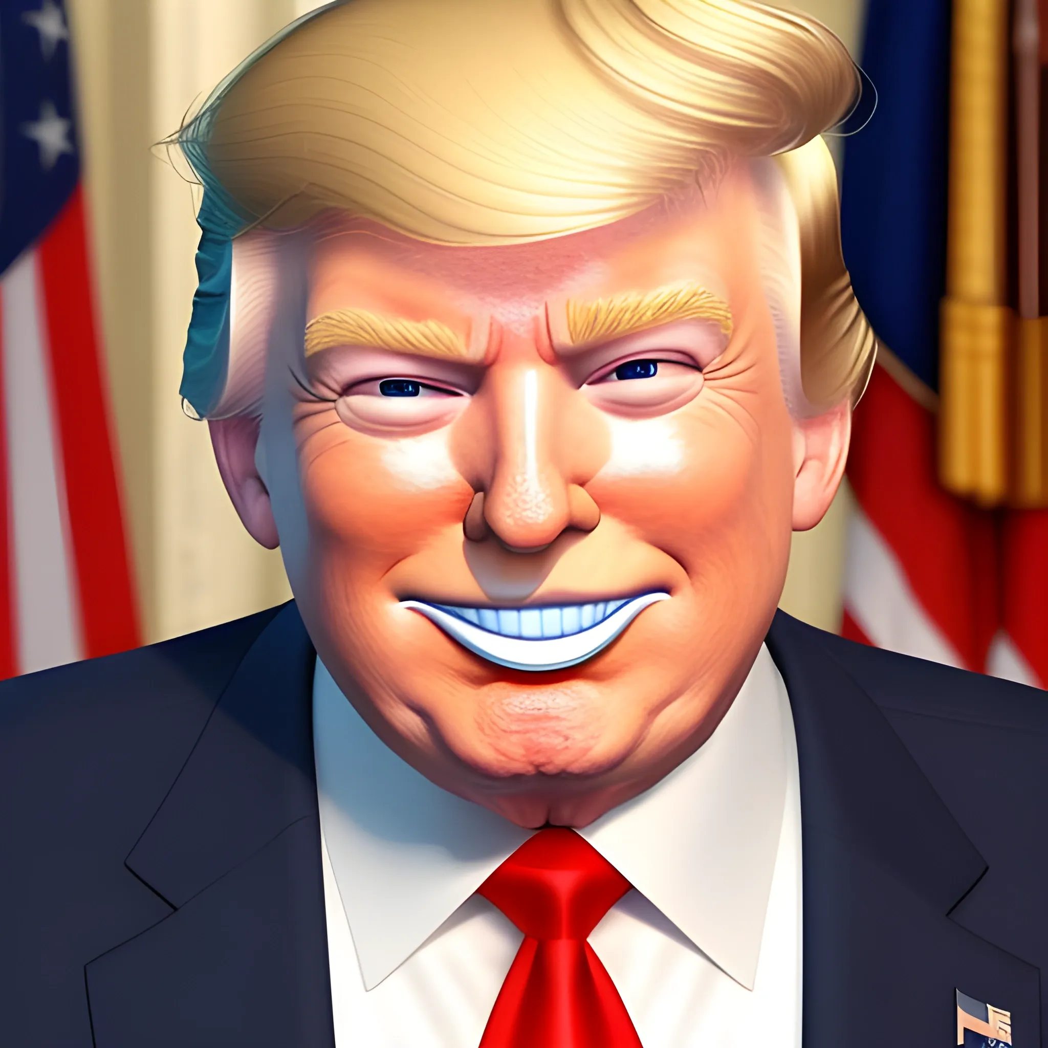 3D render of Happy Donald Trump gives a like with his hand looking straight into camera, he looks plastic,  his face isclear and he is in the artstyle of fortnite. He has a navy blue suit on with a red tie. He looks kind of goofy looking , half body shot , 3d ,3D , Cartoon  ,  exactly Donald trump faces , smile , he is happy,  Donald Trump  cute smile , Trump is happy, Trump with a smile , Trump eyes looks nice and perfect, perfect eyes  , opened eyes , Donald Trump laughingly  . Blue eyed Donald Trump , soft cel shaded , halftone Donald trump,  TRUMP , Trump,  Donald Trump , president Donald , Trump , perfect mouth , perfect eyes, smooth face, soft face, clear face , satisfying  , Donald J. Trump