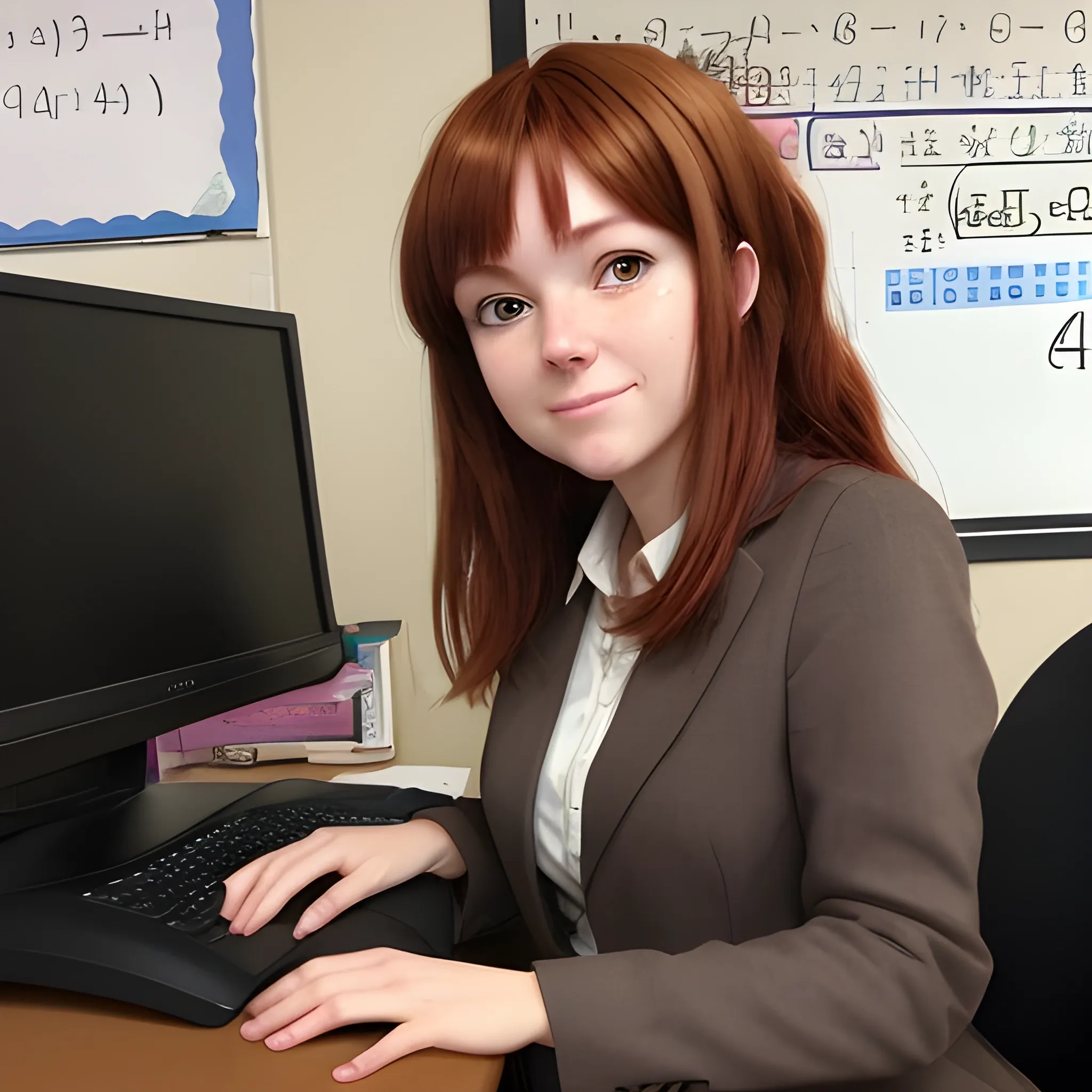 I need a picture of woman a 40 year old math teacher. His skin color is brown. With short reddish brown hair, she is sitting at a desk. the image must be anime style